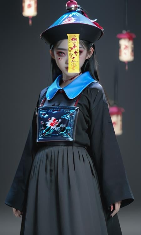 cinematic photo ((masterpiece)),((best quality)),8k,high detailed,ultra-detailed,intricate detail,full body,photography,((huangfu:2),huangfu paper,1girl, A cute girl in black nvjiang costume with huangfu paper in head,(blood-red eyes)), high-tech environment. ((experimenting:1.3)), (ominous), (neon streaks), Unreal Engine rendering, <lora:QDjiangshi_YF:1>, . 35mm photograph, film, bokeh, professional, 4k, highly detailed