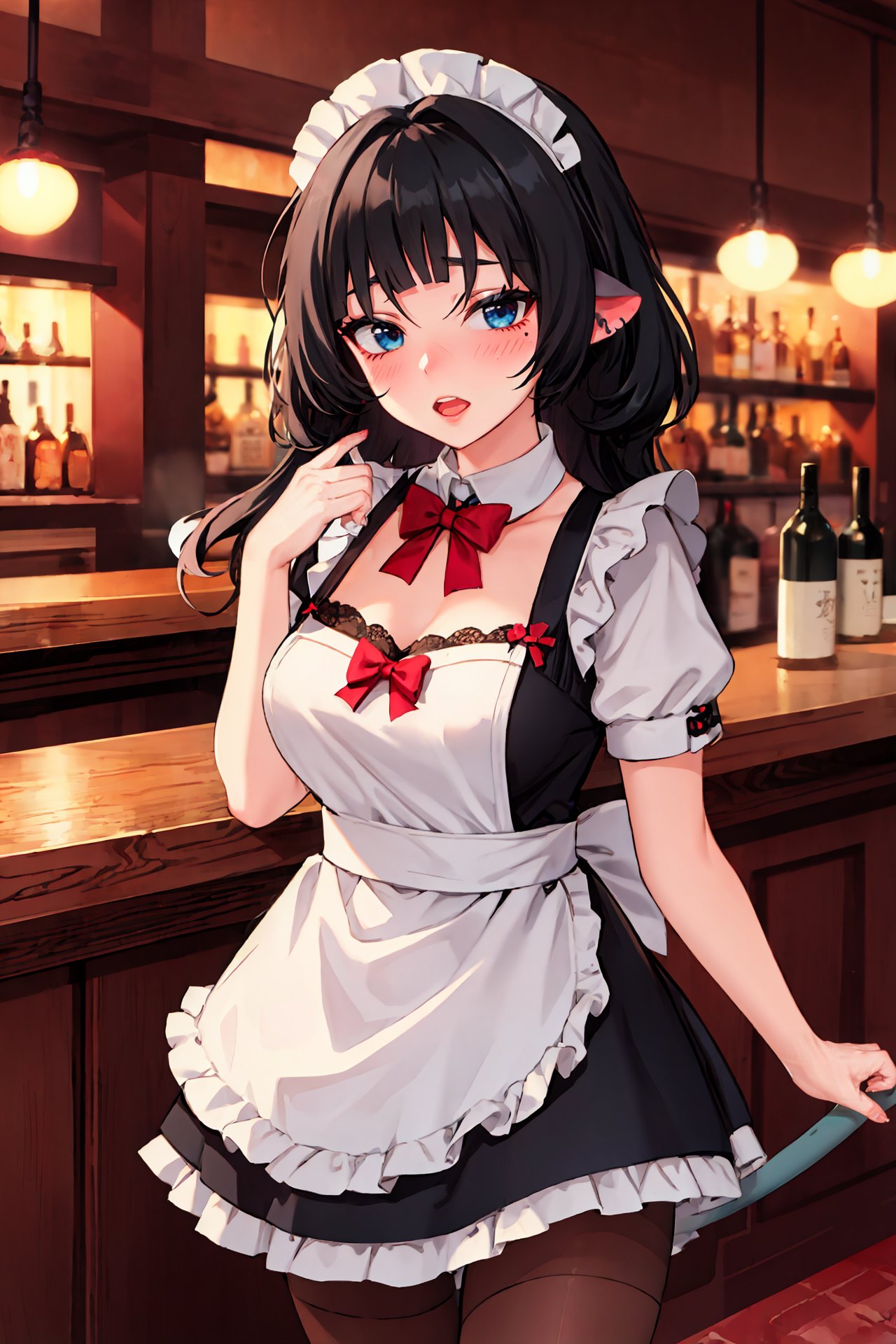 1girl, jane doe \(zenless zone zero\), long hair, solo, maid, maid headdress, maid apron, embarrassed, pantyhose, open mouth, blush, parted lips, looking at viewer, cowboy shot, bar \(place\), indoors, depth of field, tail