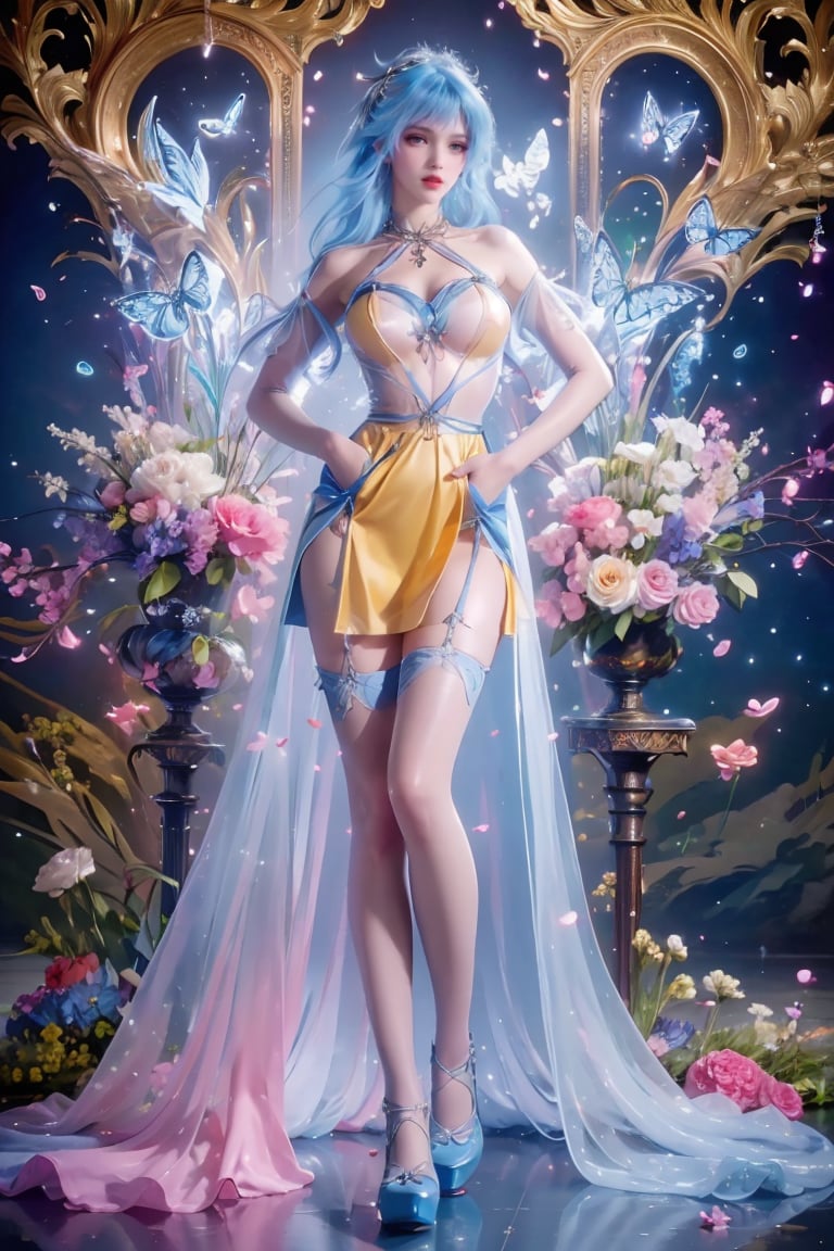 1girl,dress,high heels,long hair,solo,flower,looking at viewer,jewelry,hair ornament,necklace,red lips,purple footwear,pink flower,bare shoulders,full body,blue footwear,facial mark,knees together feet apart,butterfly hair ornament,short dress,petals,bare legs,makeup,curtains,halterneck,(stockings:1.2),Jay Nature,Trees,Forests,Animals,Flowers,Reality,Masterpiece,best quality,official art,extremely detailed CG Unity 8k wallpaper,<lora:20230926-1695663803691:0.3>,<lora:炫彩V1:0.3>,hiqcgbod,outdoors,(see-through:1.3),(bandeau:1.2),(big breasts:1.2),(yellow, green dress),between_legs,(blue hair:1.2),<lora:唐舞桐 (3):0.65>,(hands in pockets:1.4),