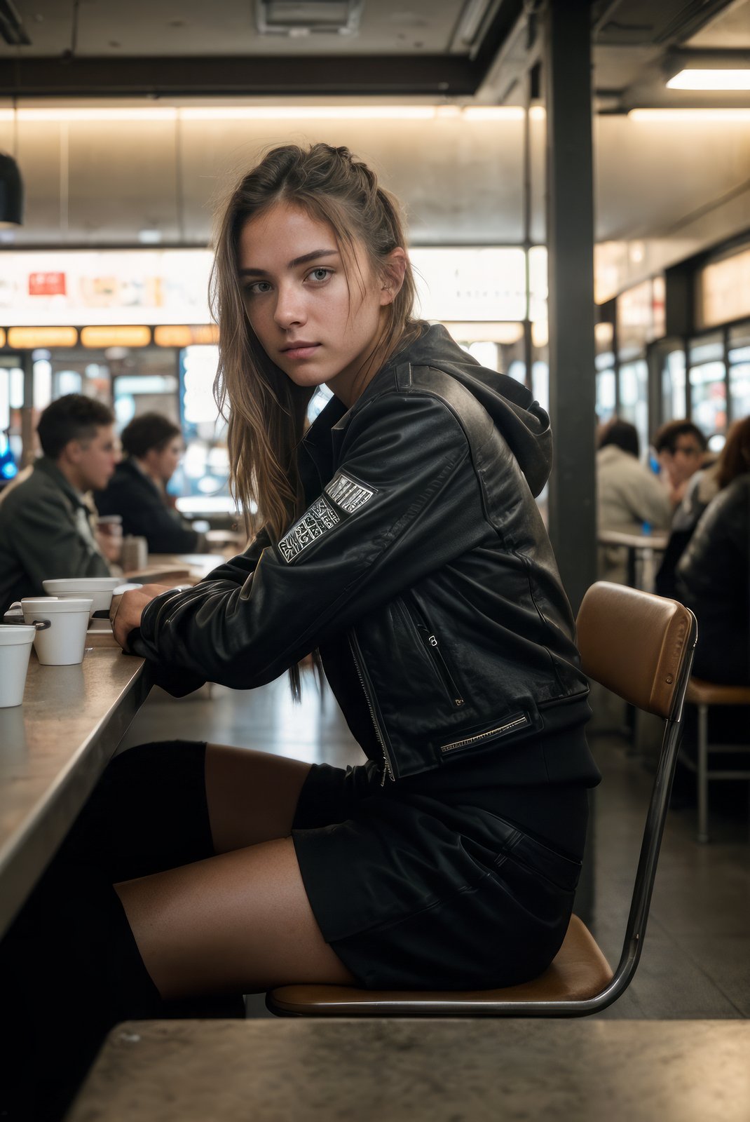 gritty raw street photography, plain clean earthy young female hacker, matrixpunk cybercostume, sitting in a busy crowded street diner, (hyperrealism:1.2), (8K UHD:1.2), (photorealistic:1.2), shot with Canon EOS 5D Mark IV, detailed face, detailed hair