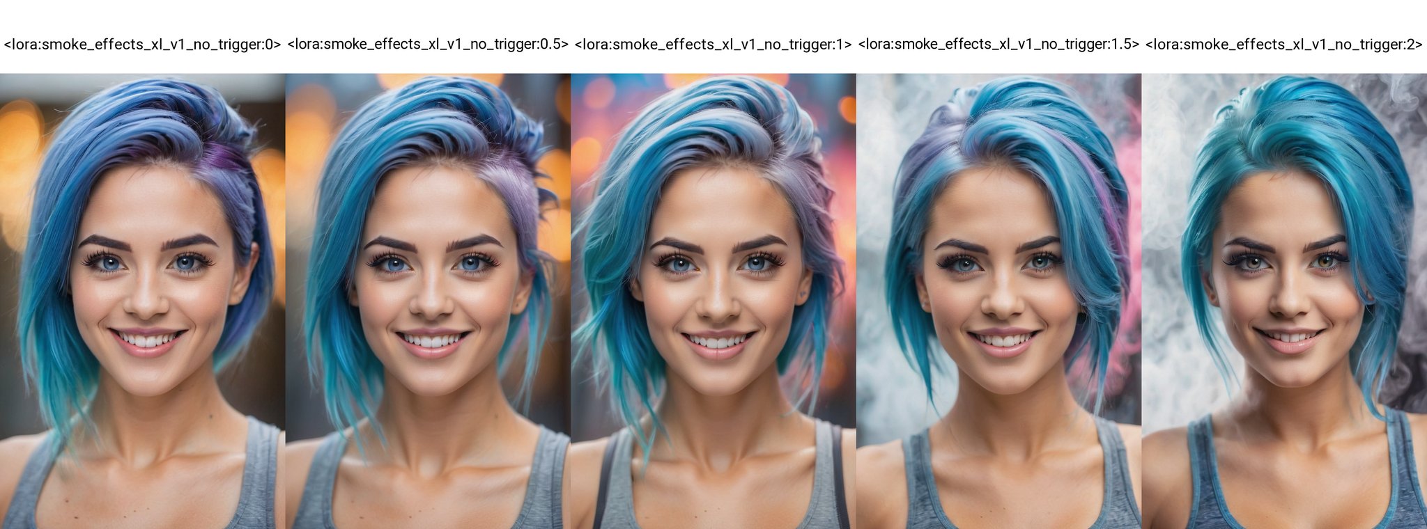 (best quality, 4k, 8k, highres, masterpiece:1.2), ultra-detailed, woman, smiling, blue hair, gym clothes, vivid colors, colorful, bokeh, portraits, studio lighting, ultra-fine painting, sharp focus, extremely detailed eyes and face, detailed lips, beautiful detailed eyes,(long eyelashes)<lora:smoke_effects_xl_v1_no_trigger:0>