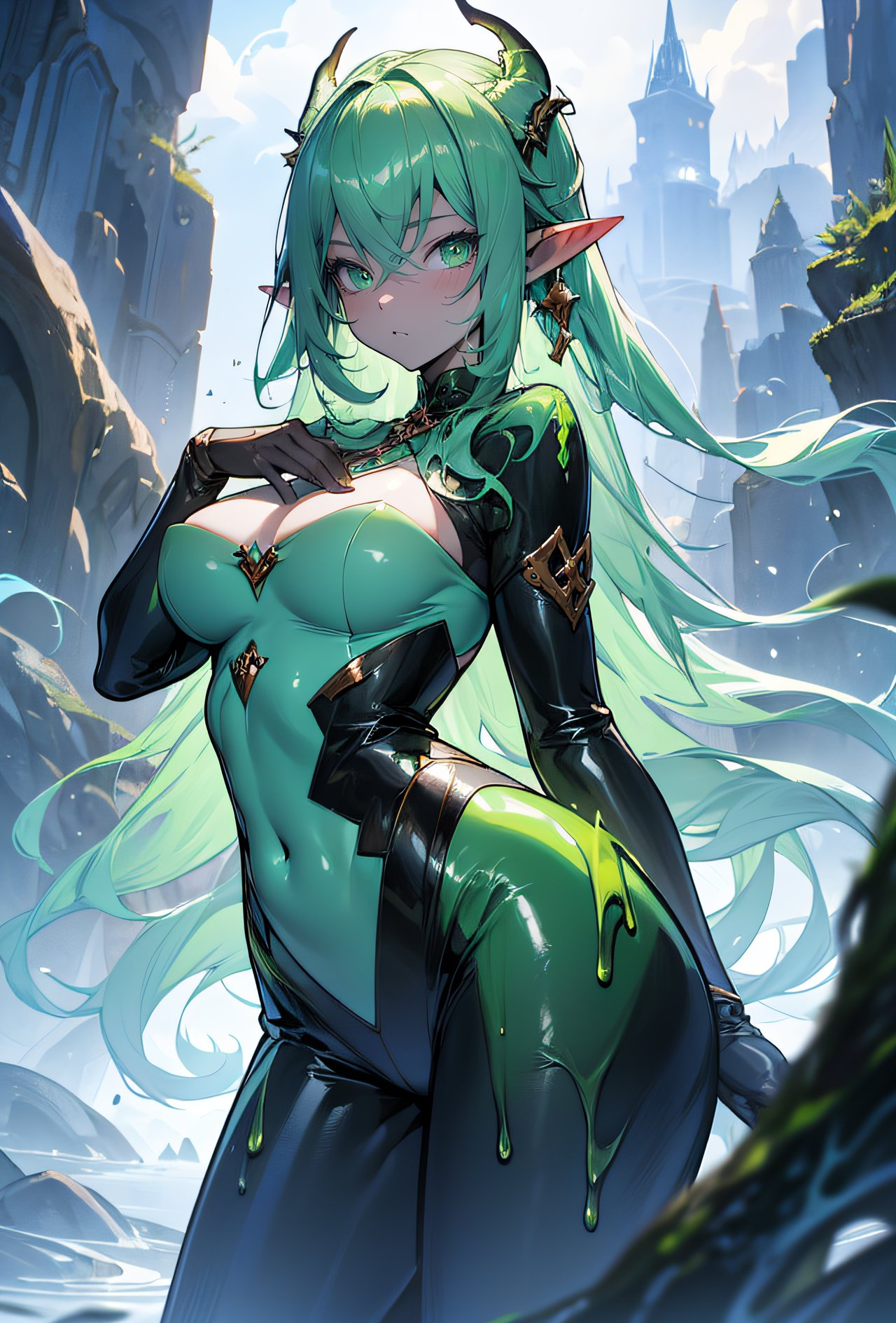 1girl, perfect body, slim waist, houglass body shape, shiny skin, green eyes, pointy ears, (monster girl, slime queen, made of slime, cute, slime hair, long hair) outdoors, vivid colors, colorful, sky, cloudy, fog, (mystical world, particles, magic, fantasy), (masterpiece, best quality, hires, high quality, by professional artist, ultra detailed, extremely detailed, absurdres, incredibly resolution:1.2), nice hands, perfect hands,  <lora:GoodHands-vanilla:1>