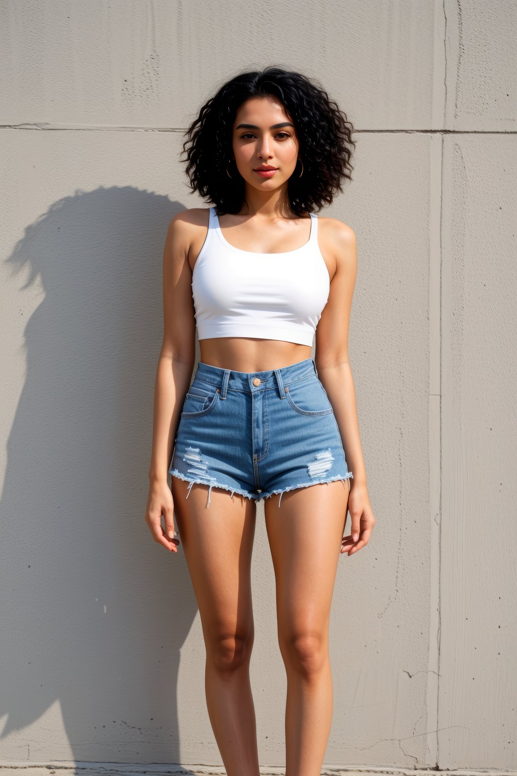 a beautiful Saudi Arabian woman, short-legged body, gray faux locs hair, white crop top with high-waisted denim shorts