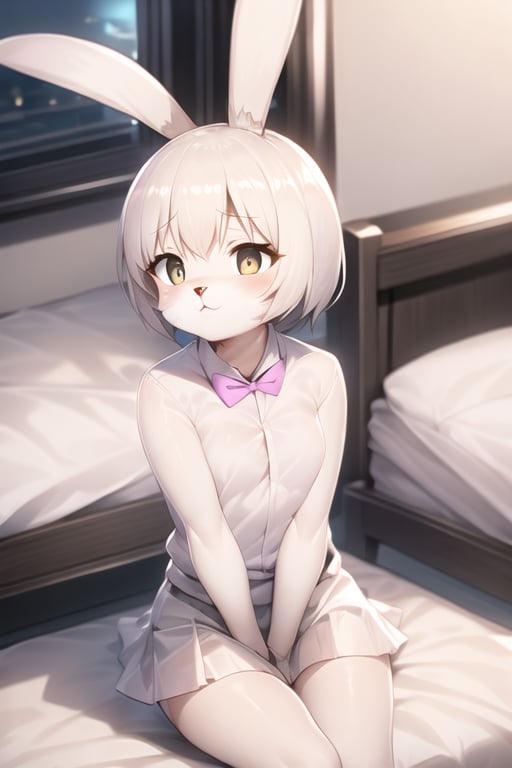 tsidoki, white eyes, rabbit ears, body fur, pink bowtie, white shirt, white skirt, , sitting, bedroom <lora:Doki-v2:1>