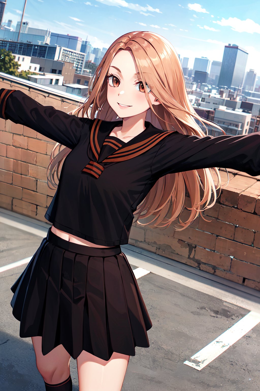 masterpiece, best quality, highres, 1girl, solo, long hair, brown hair, brown eyes, school uniform, black serafuku, black sailor collar, (black shirt:1.2), long sleeves, pleated skirt, black skirt, <lora:shiba_yuzuha_v1:0.7>, outstretched arms, smile, rooftop, standing, city