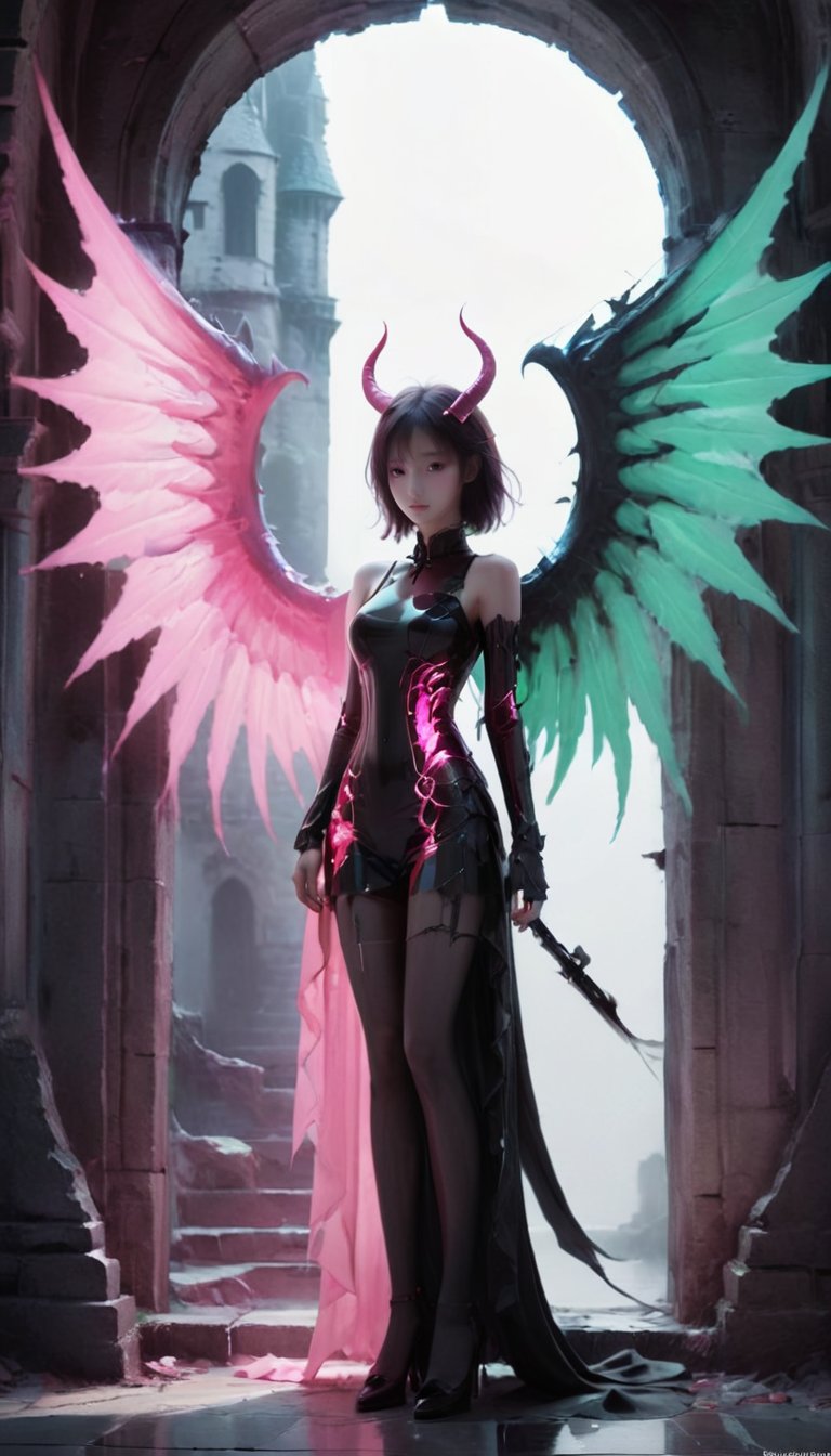 left and right different colors,1girl,(solo:1.3),contrast,color patches,<lora:xl-shanbailing-0112yin_yang:0.75>,darkolivegreen,dark_pink,castle,demon_wings,