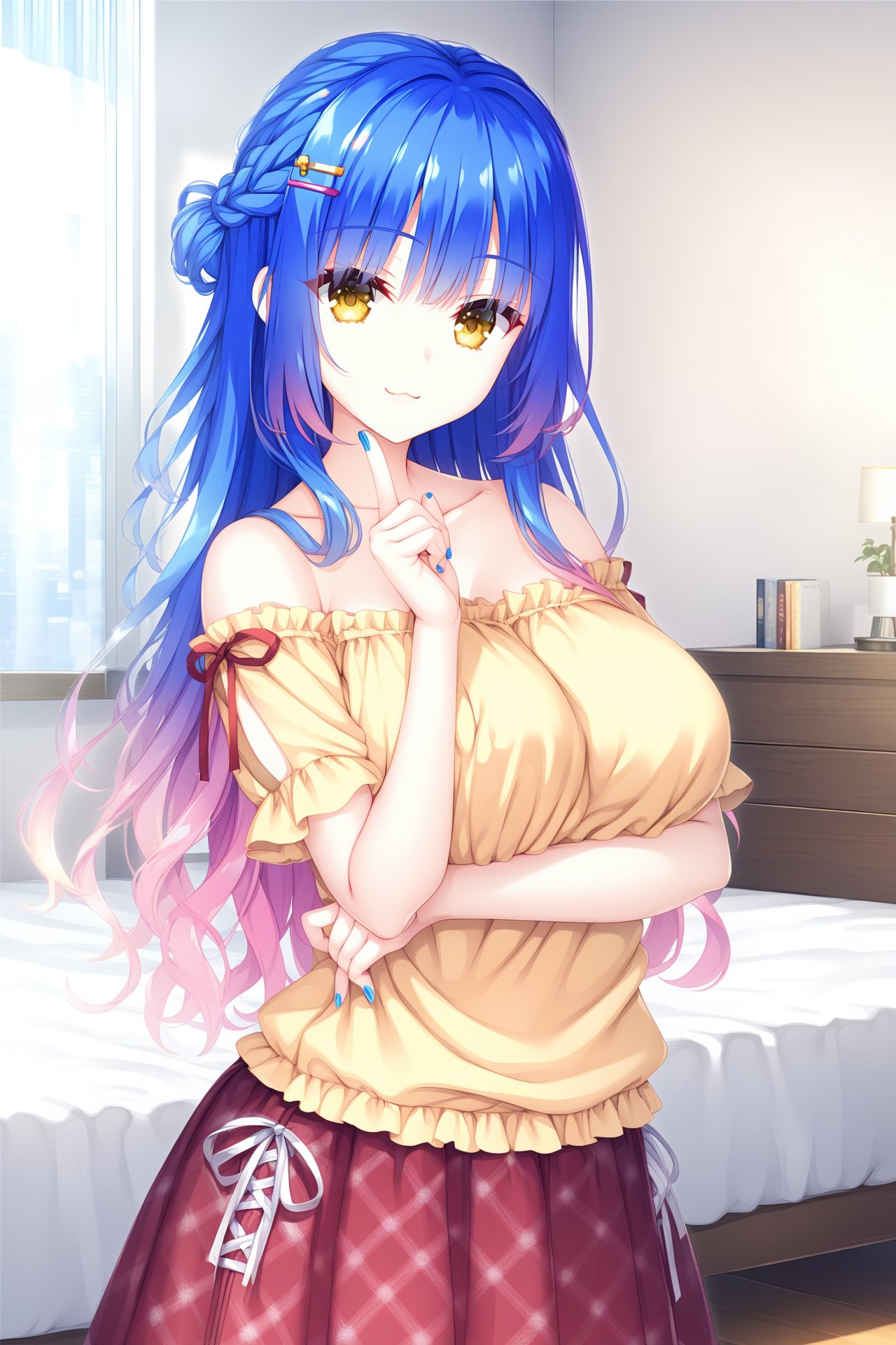 (masterpiece),(best quality),illustration,ultra detailed,hdr,Depth of field,(colorful),1girl, indoors, solo, skirt, blue nails, shirt, long hair, arm under breasts, hair ornament, looking at viewer, blue hair, closed mouth, yellow eyes, gradient hair, cowboy shot, standing, smile, hand up, multicolored hair, nail polish, eyelashes, off shoulder, braid, wavy hair, red skirt, breasts, collarbone, hairclip, frills, plaid skirt, plaid, eyes visible through hair, head tilt, bare shoulders, yellow shirt, table, large breasts, off-shoulder shirt, fingernails, sidelocks, bed, frilled shirt, hair between eyes, very long hair, half updo, casual, ribbon, index finger raised, cross-laced clothes, :3, pink hair, short sleeves, puffy sleeves, breast hold