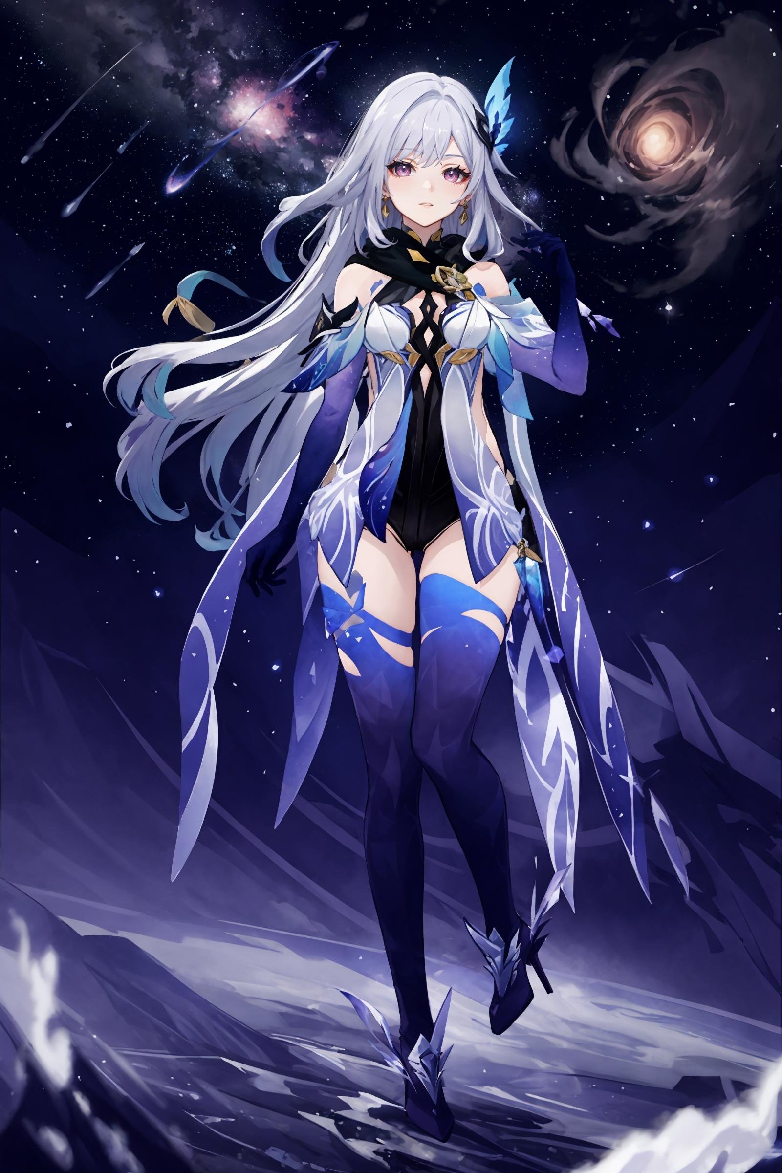 1girl, skirk \(genshin impact\), elbow gloves, earrings, cape, blue thighhighs, high heel boots, black scarf, butterfly hair ornament, armored leotard, full body, looking at viewer, floating, floating hair,  depth of field, space, nebula, starry sky, earth \(planet\), masterpiece