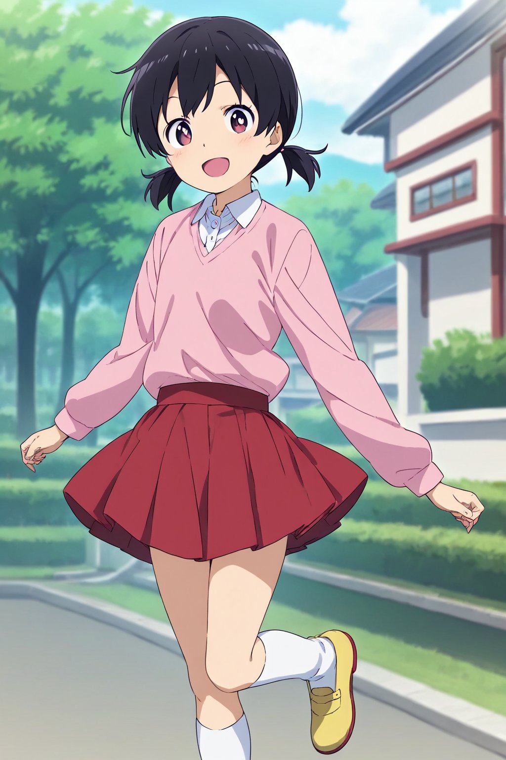 score_9, score_8_up, score_7_up, score_6_up, score_5_up, score_4_up, source_anime,minamoto shizuka,1girl, solo, skirt, outdoors, black hair, socks, white socks, twintails, red skirt, shoes, smile, shirt, open mouth, black eyes, pink shirt, looking at viewer, short twintails, kneehighs, collared shirt, long sleeves, :d, day, bright pupils, white pupils, house, low twintails, short hair, running, yellow footwear, blush,masterpiece, perfect face, best quality, beautiful girl, cute girl, beautiful eyes, shiny eyes, anime coloring, anime screencap, absurdres, outdoors, <lora:minamoto shizuka auti 907:0.8>