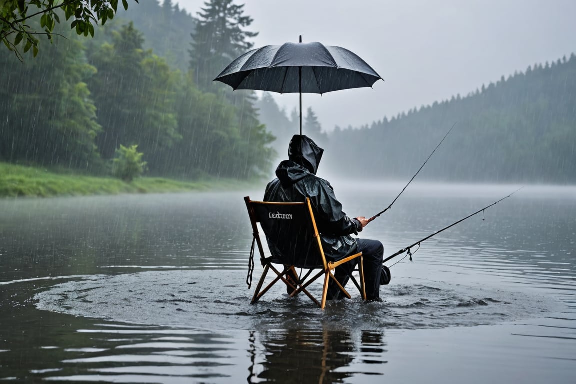 1 man. Before the darkness has yet cleared,  rain is falling on the foggy lake,  and an angler wearing a black raincoat is sitting on a fishing chair at the lakeside,  casting a fishing rod and fishing. The fisherman can only see his back,  his raincoat is soaked with rain,  and rainwater is flowing down the valley of the raincoat.Very thick raindrops fall. Ultra-clear,  Ultra-detailed,  ultra-realistic,  Ultra close-up photography,  Distant view. full body shot,<lora:EMS-74471-EMS:0.400000>,<lora:EMS-57135-EMS:0.400000>,<lora:EMS-24184-EMS:0.800000>