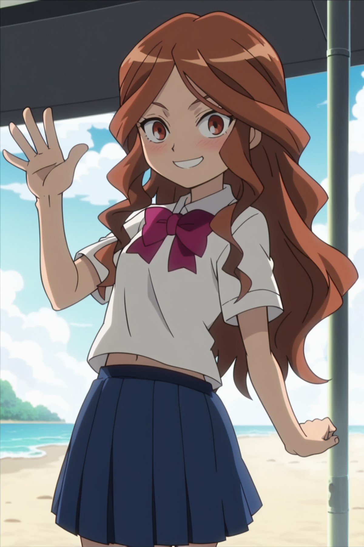 score_9, score_8_up, score_7_up, <lora:raimon_pony_v1-000060:0.7> (raimon_natsumi), best quality, 4k, 1girl, (solo), anime screencap, smile, blush, waving, on the beach, sunlight, detailed, school uniform, skirt, long hair