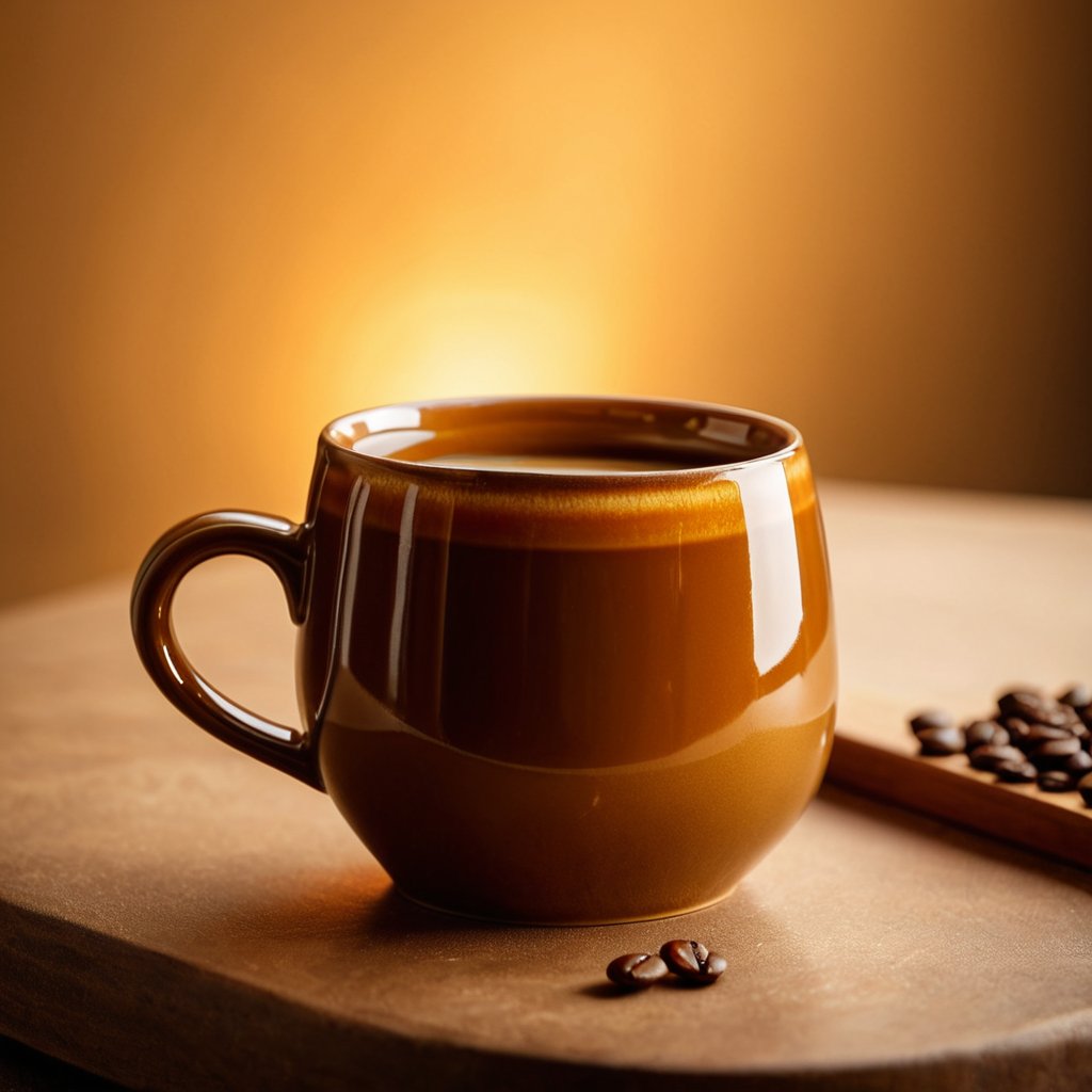 a ceramic coffee mug with flowing glossy caramel and warm amber tones,  soft golden light,  rich indulgent premium mood by...