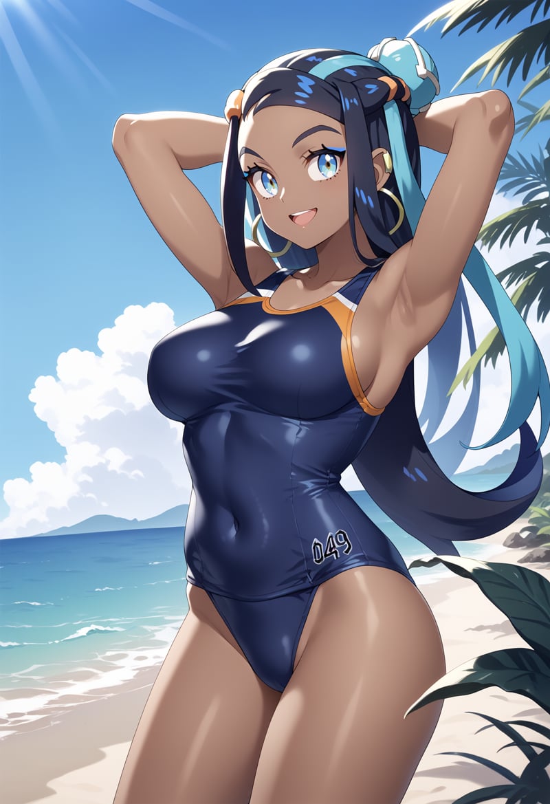 score_9, score_8_up, score_7_up, BREAK,1girl, nessa, black hair, blue hair, long hair, multicolored hair, blue eyes, blue hair,dark skin, single hair bun,large breasts, school swimsuit, hands behind head, one-piece swimsuit, open mouth, smile, happy, solo, looking at viewer, sea, sand, blue sky, tropical island background  <lora:NessaXL:1>