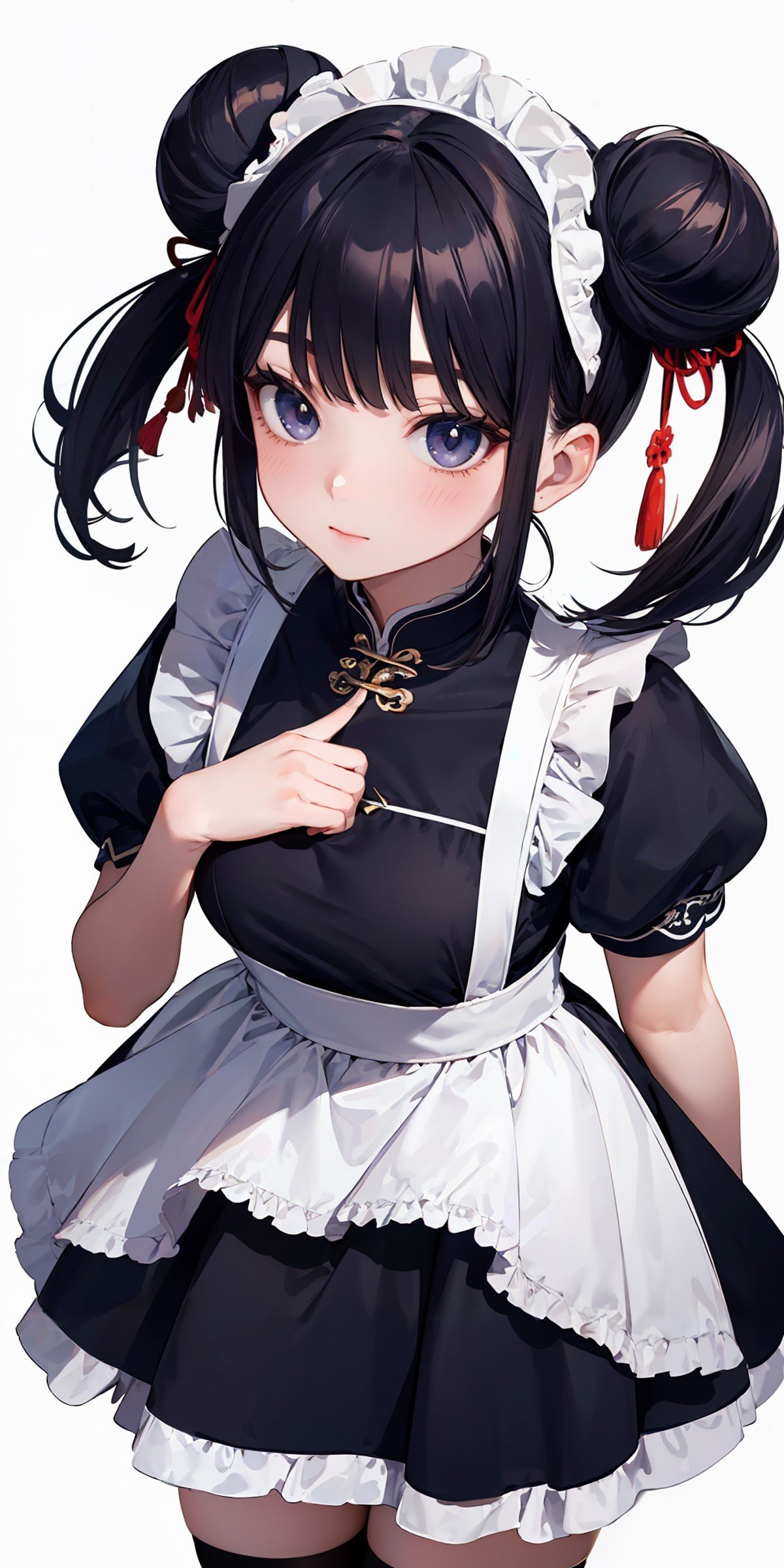 masterpiece,ultra-detailed,best quality,8K,illustration,cute face,clean skin ,shiny hair,girl,,simple background,cowboy shot,  <lora:china maid_V1.0:0.6> jyojifuku, china maid, apron, frills, double bun