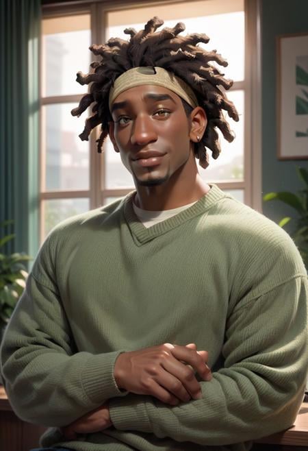 score_9,score_8_up,score_7_up, 1boy, solo, wasabi_bh6, dark skin, dreadlocks, headband, goatee, green sweater