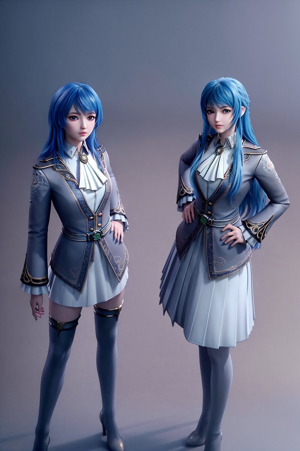 (8k, RAW photo, best quality, masterpiece:1.2),(realistic, photorealistic:1.3), ultra-detailed, extremely detailed cg 8k wallpaper,(crystalstexture skin:1.2), extremely delicate and beautiful,blue_hair, 2girls, multiple_girls, long_hair, thighhighs, boots, standing, hand_on_hip, simple_background,(full shot), looking_at_viewer, standing,