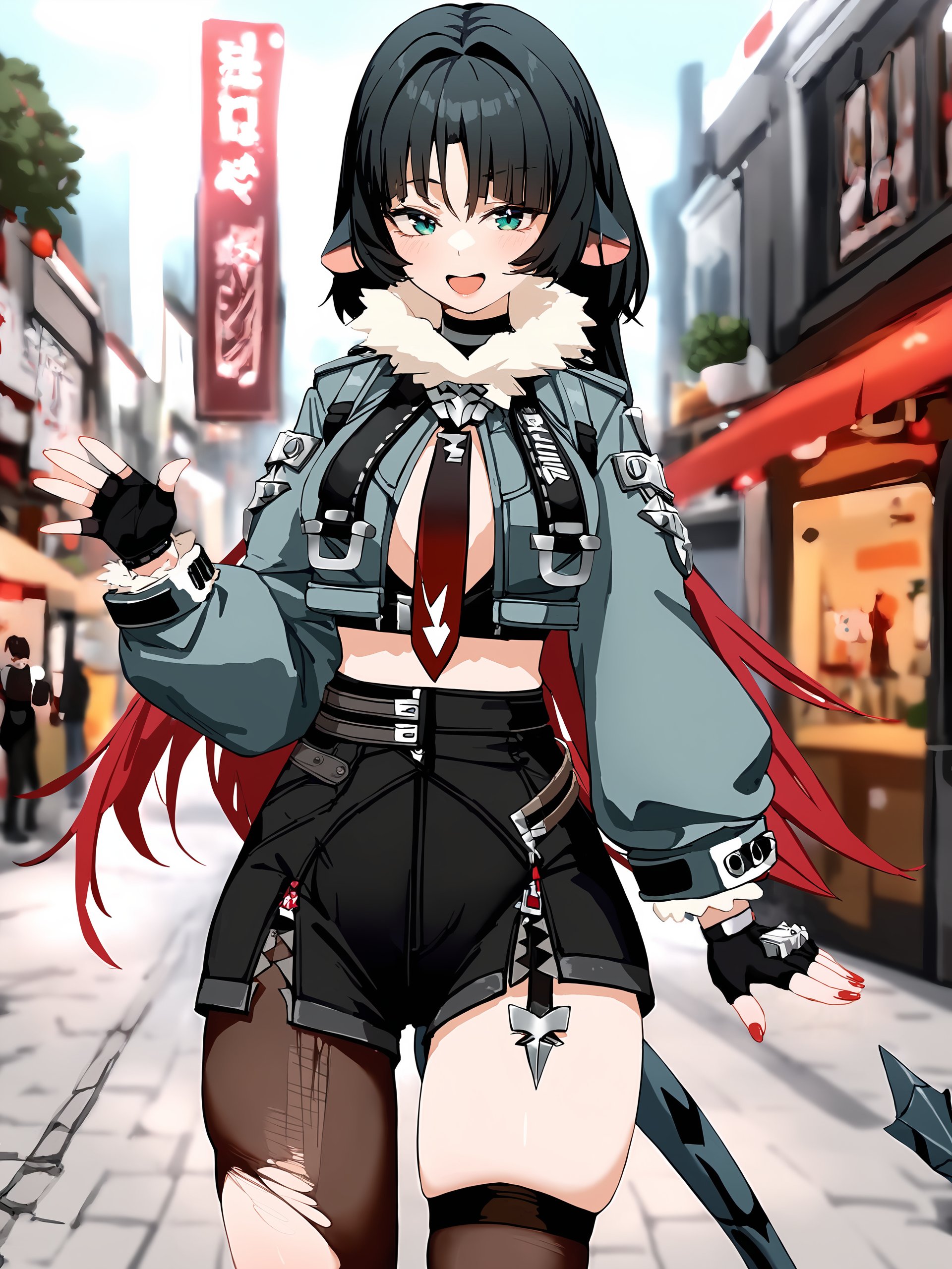 1girl, jane doe \(zenless zone zero\), fingerless gloves, black shorts, tail, cropped jacket, single garter strap, single leg pantyhose, single thighhigh, necktie, long hair, looking at viewer, smiling, open mouth, street, outdoors, depth of field, standing, cowboy shot  <lora:Char-ZZZ-JaneDoe-V1-XL:1> <lora:XL-tool-extremely_detailed:1> solo, extremely detailed, masterpiece, best quality, perfect features, intricate details, HDR, natural light