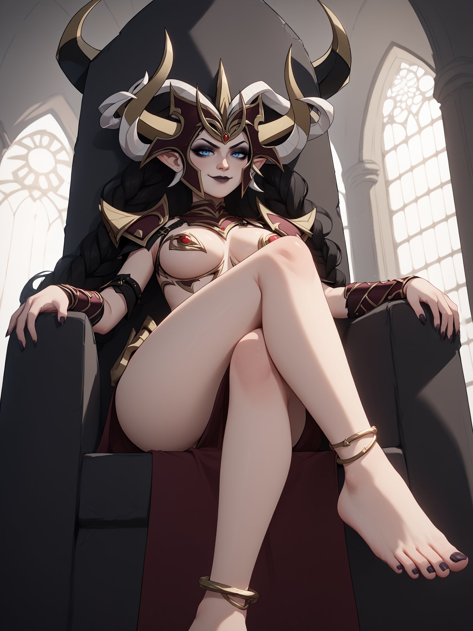 score_9, score_8_up, score_7_up, score_6_up, score_5_up, score_4_up,, uncensored, BREAK,Morathi is sitting on throne with crossed legs and foot dangle, arm support, barefoot, feet, toe ring, toes, toenails, from below, close-up,1girl, mature female, elf, solo,looking at viewer, looking down, seductive smile, eye contact, half-closed eyes, smirk,black hair, long hair, eyeshadow, braid, blue eyes, pointy ears,horned helmet, bikini armor, shoulder armor, bracer, pelvic curtain, waist cape, anklet,curvy, large breasts, thigh thighs,indoors, dark palace, black walls, dark, black castle,<lora:Morathi3216XL:1> <lora:gnd-sdxl:0.6> <lora:Expressive_H:0.8> Expressiveh