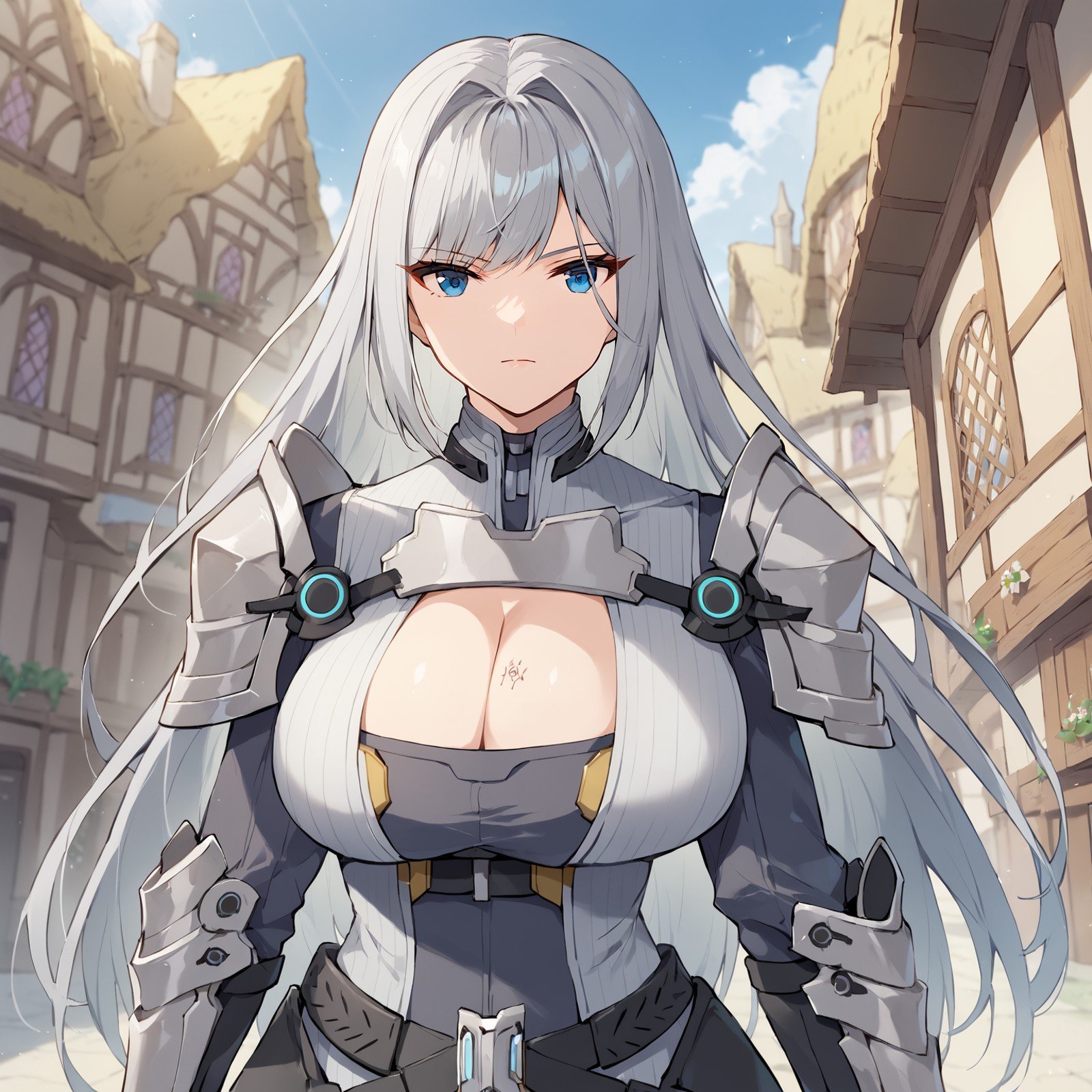 <lora:Ethel XL V1:0.9> EthelXC3, ethel \(xenoblade\), 1girl, huge breasts, long hair, grey hair, blue eyes, cleavage, armor, shoulder armor, cleavage cutout, chest tattoo, solo, closed mouth, looking at viewer, expressionless, hair flowing over, town, people, from below, (masterpiece:1.4), (best quality:1.4), extremely detailed, highres, official art, score_9_up, score_8_up,