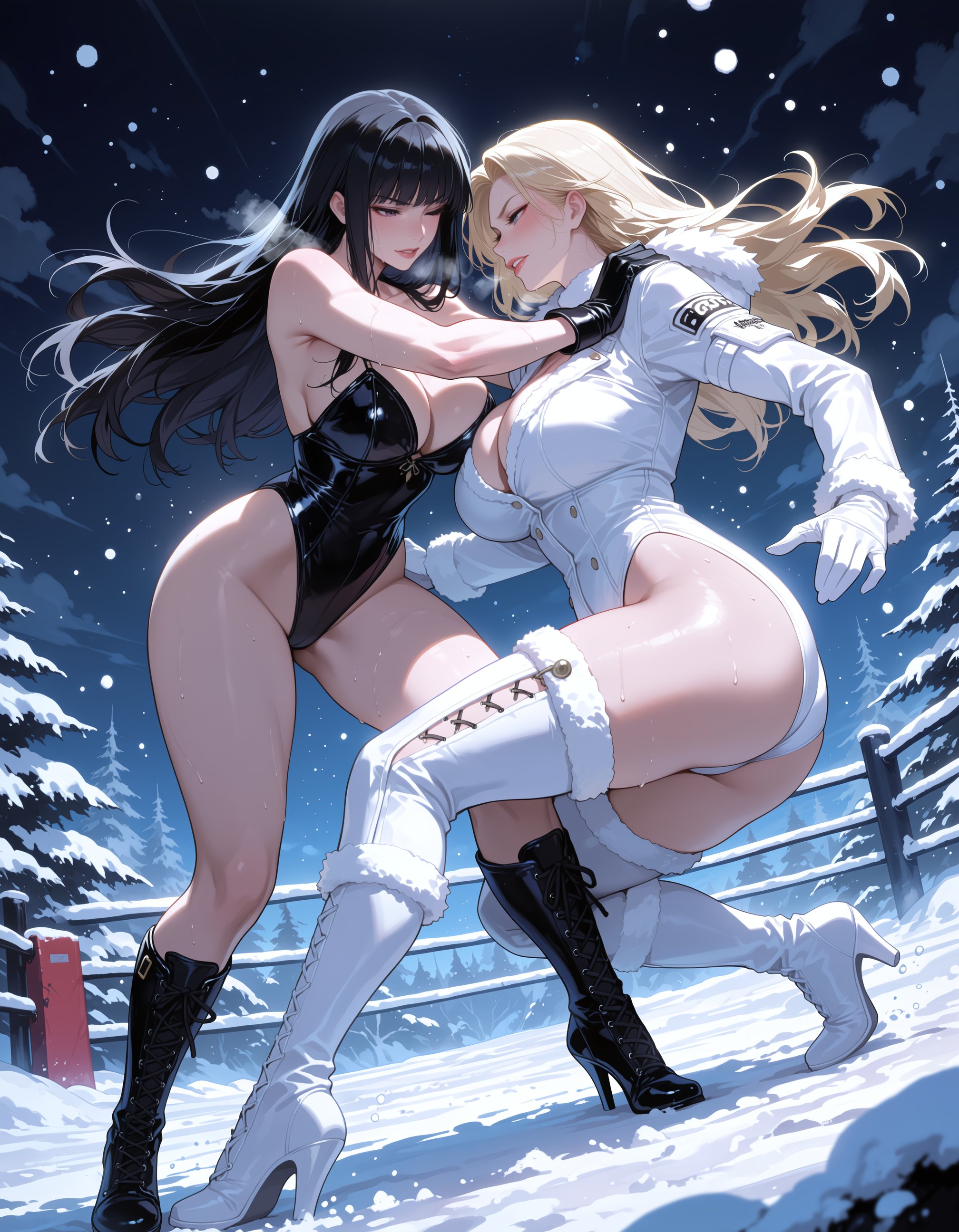 an image of two girls wrestling in snow. the girl on the left is wearing nothing but an over hip leotard with knee high la...