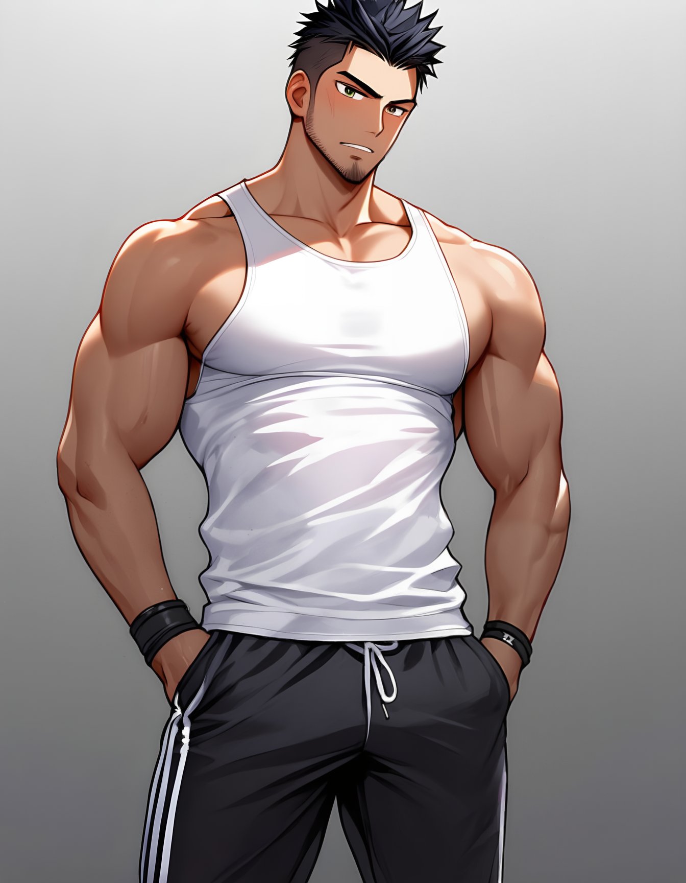 looking at viewer, blush, short hair, simple background, black hair, 1boy, male focus, sweat, pants, covered nipples, see-through, muscular, covered navel, facial hair, black pants, abs, muscular male, pectorals, tank top, bara, spiked hair, wristband, large pectorals, mature male, sideburns, stubble, hands in pockets, nipple slip, tight clothes, white tank top, track pants, covered abs, thick arms, sidepec, sweatpants ,