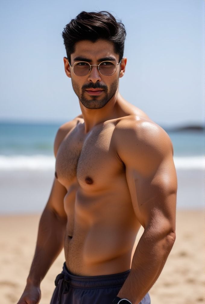 Smaran Sahu ,  looking handsome by the beach. homoerotic. wearing only speedos. wearing specs with circular frame. smiling...