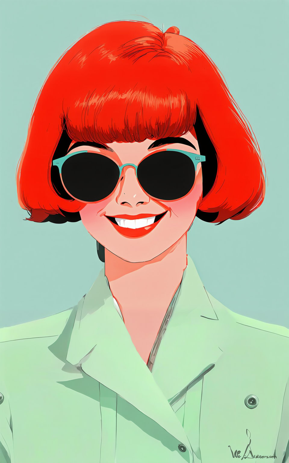 anime style, a midcentury modern woman with red retro hair, wearing Palm Springs retro attire and sunglasses. happy smile, The portrait is infused with Wes Anderson's signature style, featuring symmetrical composition, pastel color palette, and meticulous attention to detail. pop surreal element to the scene. The overall composition evokes a sense of nostalgia and whimsy, capturing the essence of retro charm in a visually stunning portrait.