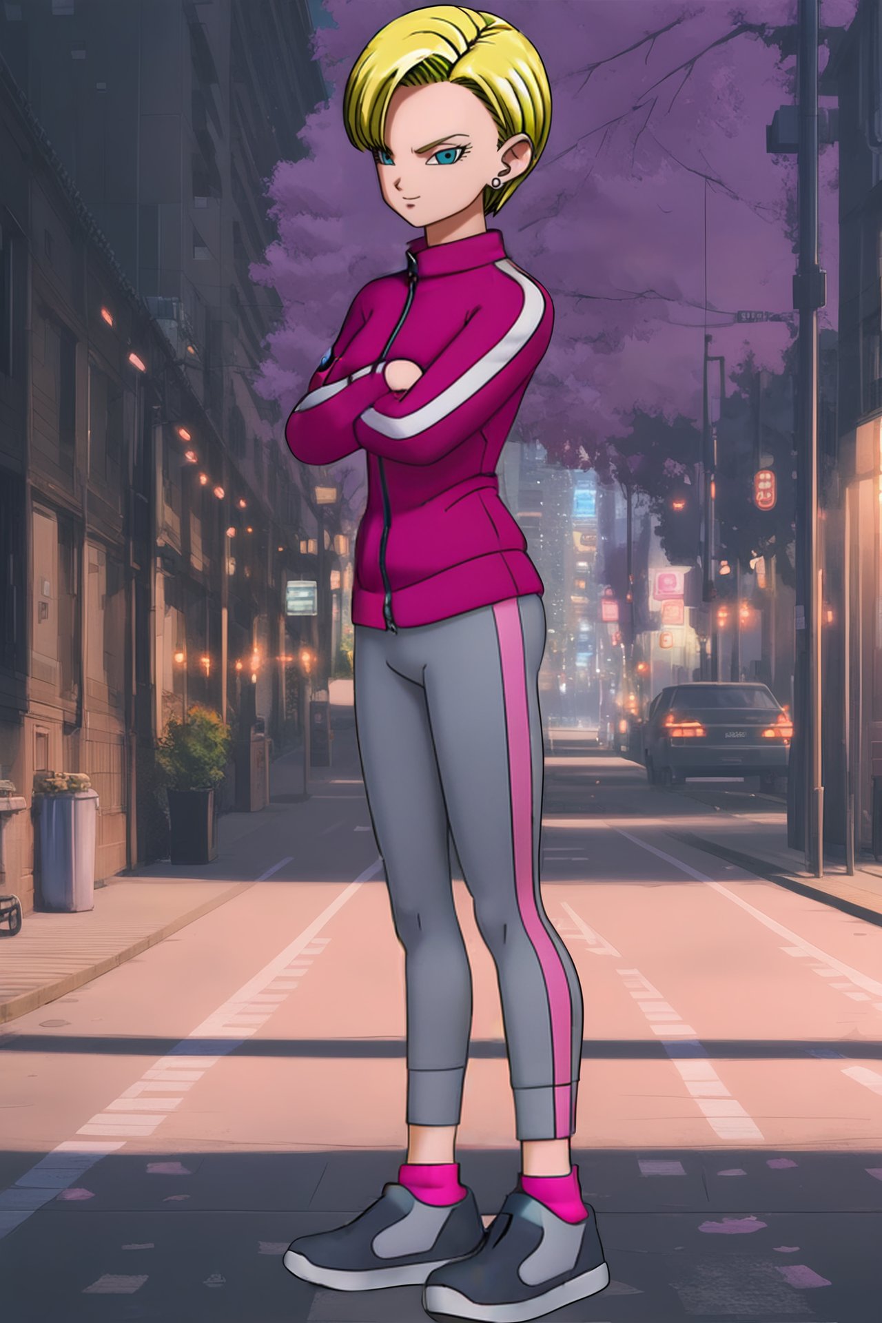 source_anime, score_9, score_8_up, score_7_up, anime screencap, high quality, android 18, dragon ball super super hero, anime coloring, official style, 1girl, solo, short hair, blue eyes, blonde hair, street, walking, full body, stud earrings, outdoors, tight pants, night, crossed arms, building, track jacket, lamppost, eyelashes, looking at viewer, long sleeves, grey bottomwear, pink jacket, two tone jacket, two tone pants, pink legwear, sneakers, socks, v-shaped eyes, v-shaped eyebrows, multi tone footwear, black footwear, evening <lora:c18_pony:0.8>