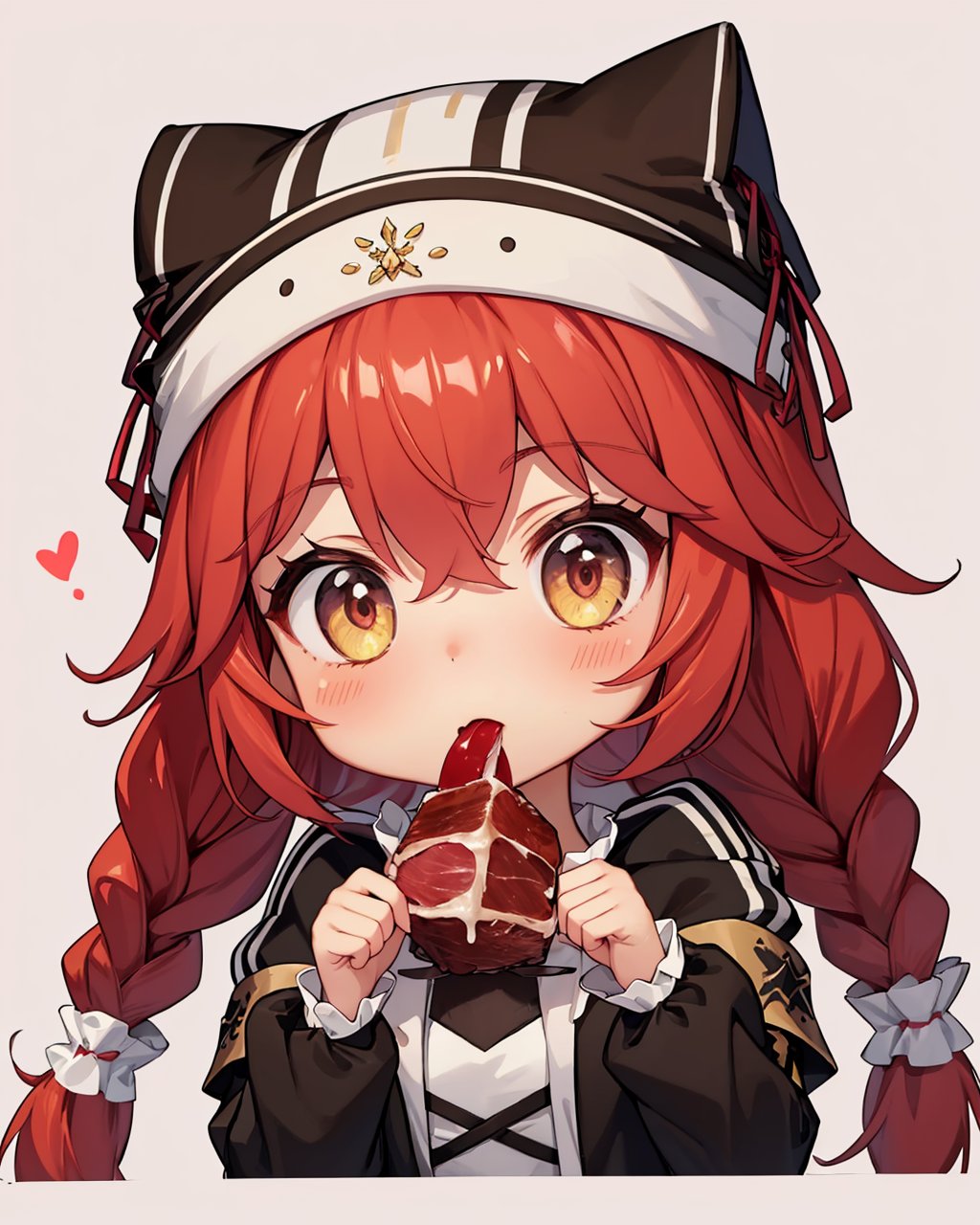 masterpiece,best quality, highly detailed, lupusregina beta,1girl, eating, hat, solo, chibi, twin braids, boned meat, dark-skinned female, blush stickers, simple background, | |,<lora:lupusregina_beta:1>