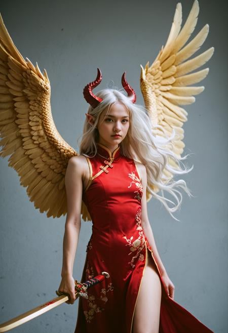 score_9,score_8_up,score_7_up,source_photo,realistic,8k,hd,1girl,solo,Chinese clothes,holding sword,gold feathered wings,dark red and light gold,hair pulled back,floating hair,dragon horns,white hair,long hair,pointy ears,