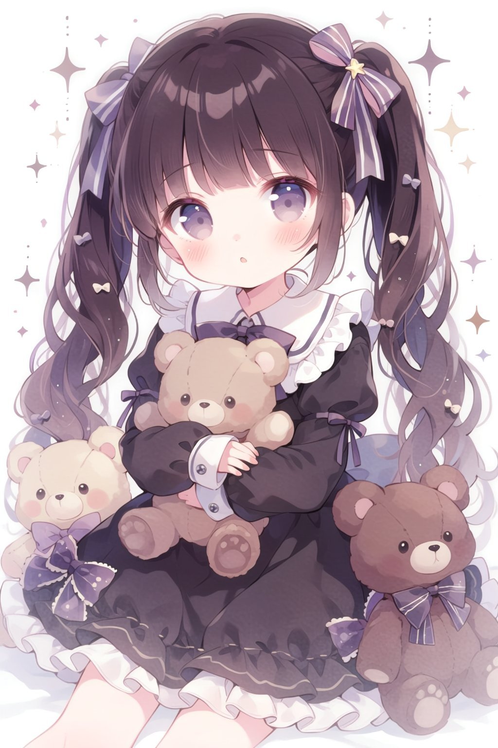 a cute young girl with long,  dark brown hair styled in twin tails with pink and purple ribbons. She wears a black dress w...