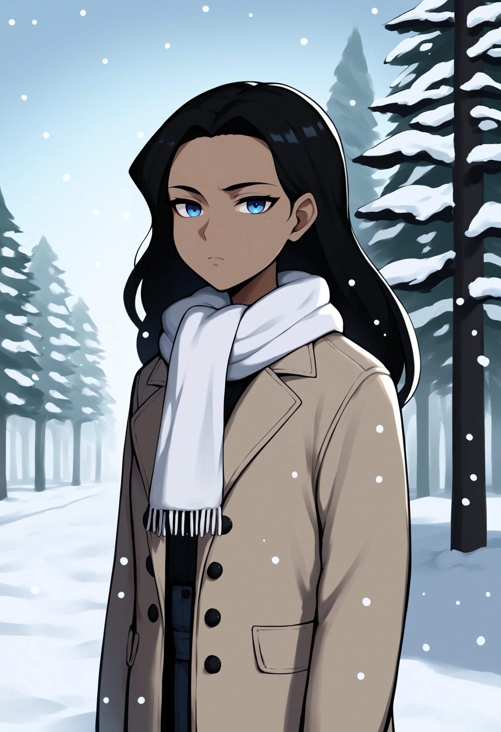 score_9, score_8_up, score_7_up, score_6_up, score_5_up, score_4_up, BREAK, source_anime,1girl, wwkd standing outdoors in the snow during the winter, wwkd,black hair, long hair, blue eyes, dark skin,winter clothes, white scarf, coat,expressionless, looking at viewer, outdoors, snow, snowing, solo, tree, winter   <lora:WonderWomanKidsXLv2:1>