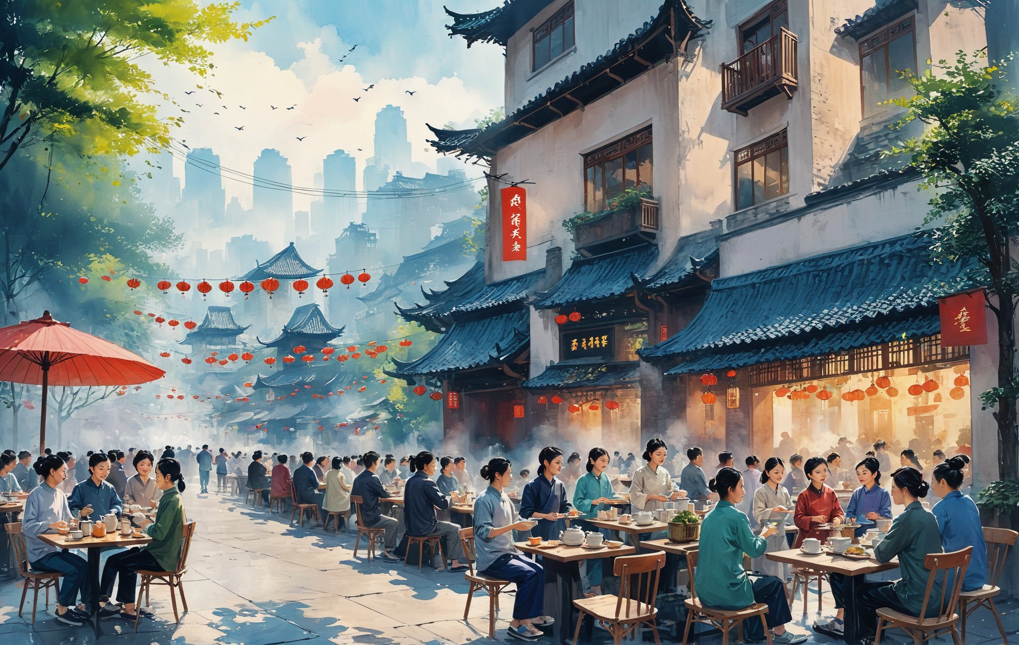 guofeng, Chengdu, street view, outdoor restaurant, seat, many people cooking breakfast, tea, city, simple background,Illustration 