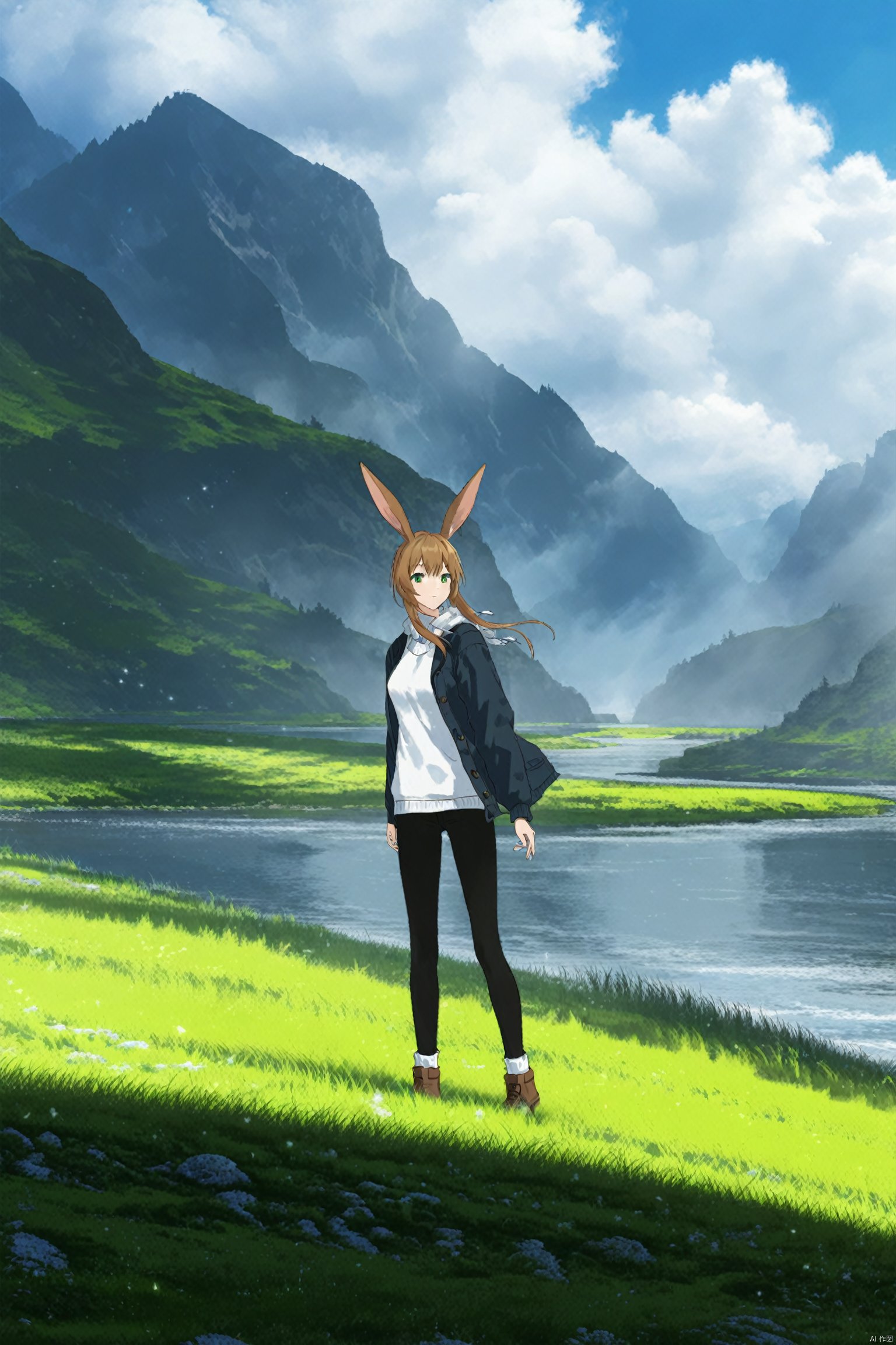 fantasy landscape,river background,blue sky, dynamic pose, rabbit ears, casual clothing, character looking back, peaceful expression, green grass,Movie style background<lora:EMS-337925-EMS:0.800000>