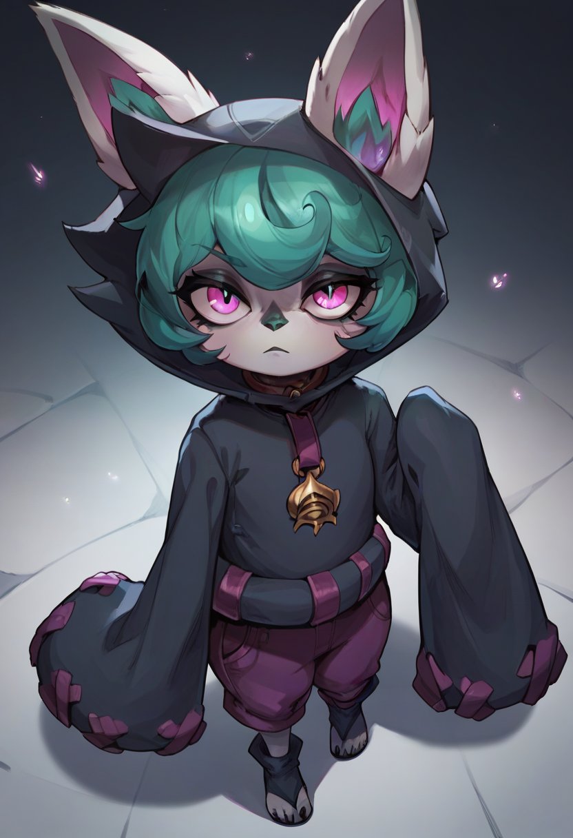 score_9, score_8_up, score_7_up, score_6_up, v3x, 1girl, yordle, pink eyes, green hair, short hair, hoodie, hood, hood up, ears through headwear, long sleeves, pants, toeless footwear, <lora:Vex_Default_v1:0.9>, solo, looking at viewer, from above, 