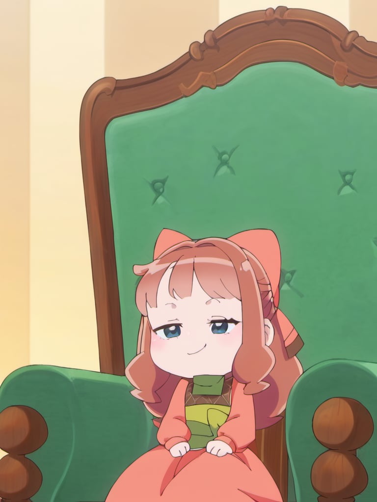 source_anime, score_9, best quality, masterpiece, 1girl, solo, <lora:Nefertima_PonyXLv3-000007:1>, dress, hair bow, chair, sitting, smug face, shortstack, chibi,