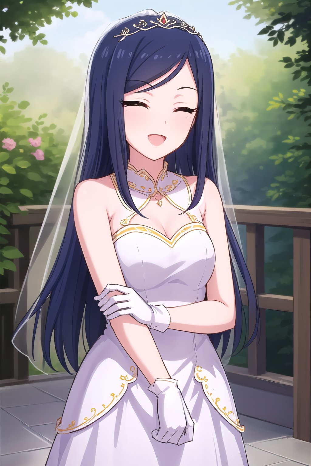 (masterpiece, best quality), highly detailed background, perfect lightingbest quality, juneyIMAS, solo, outdoors, nature, bridal veil, dark blue hair, swept bangs, parted bangs, long hair, closed eyes, medium breasts, wedding dress, white dress, white gloves, frilled skirt, smile, open mouth, ^o^, <lora:Juney-IM@S-(Beta)-05:0.7>