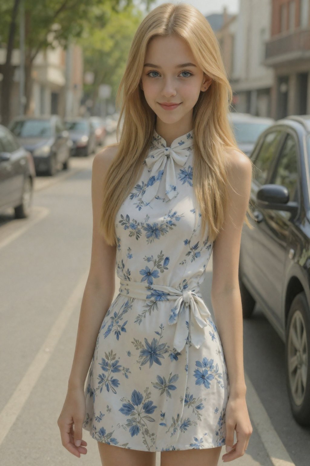 Photograph of a young Caucasian woman standing on a sunlit urban street. She has long,  straight blonde hair,  fair skin b...
