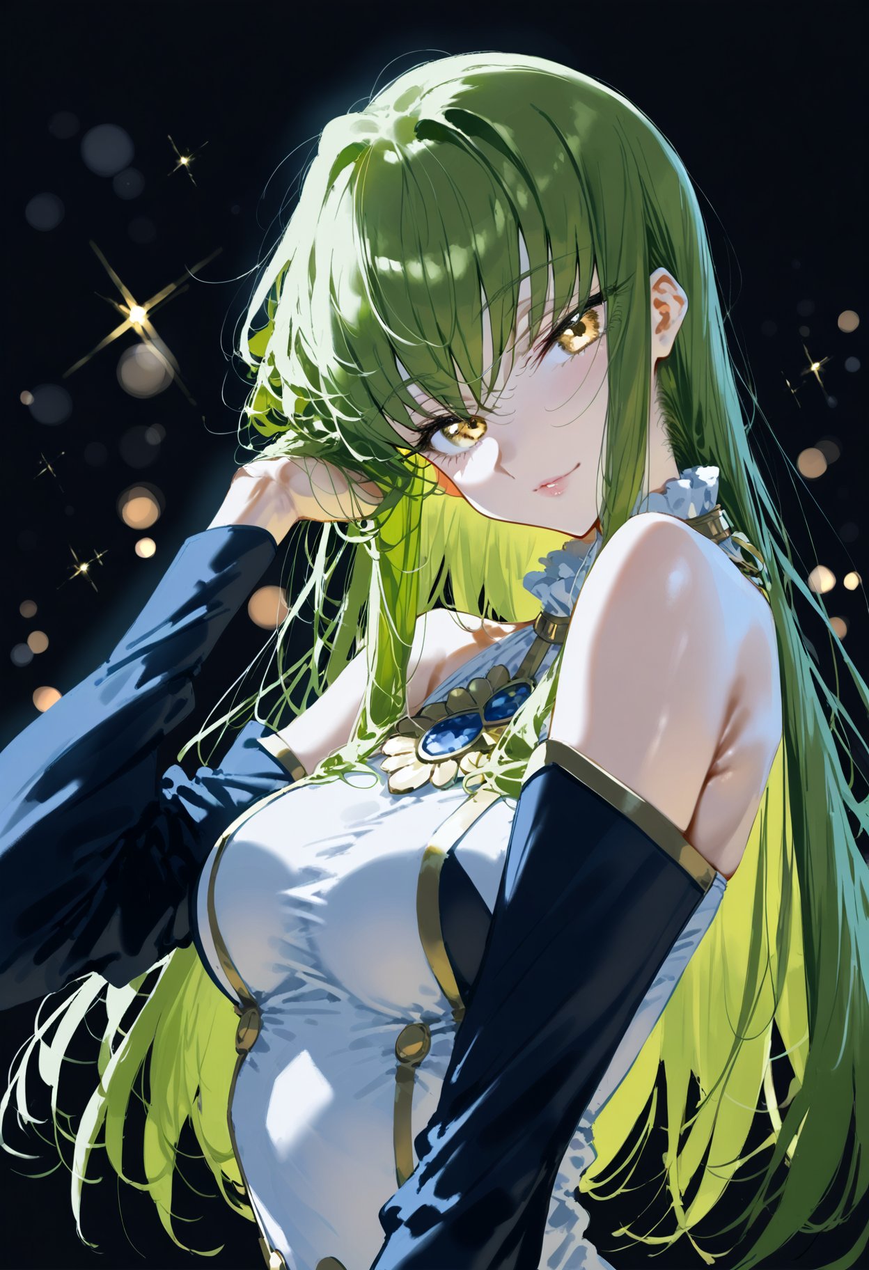 score_9, score_8_up, score_7_up, 1girl, c.c., code geass, armpit crease, bare shoulders, black background, black sleeves, bokeh, depth of field, detached sleeves, dress, green hair, hand in own hair, head tilt, long hair, long sleeves, looking at viewer, messy hair, skinny, sleeveless, sleeveless dress, solo, sparkle, upper body, yellow eyes