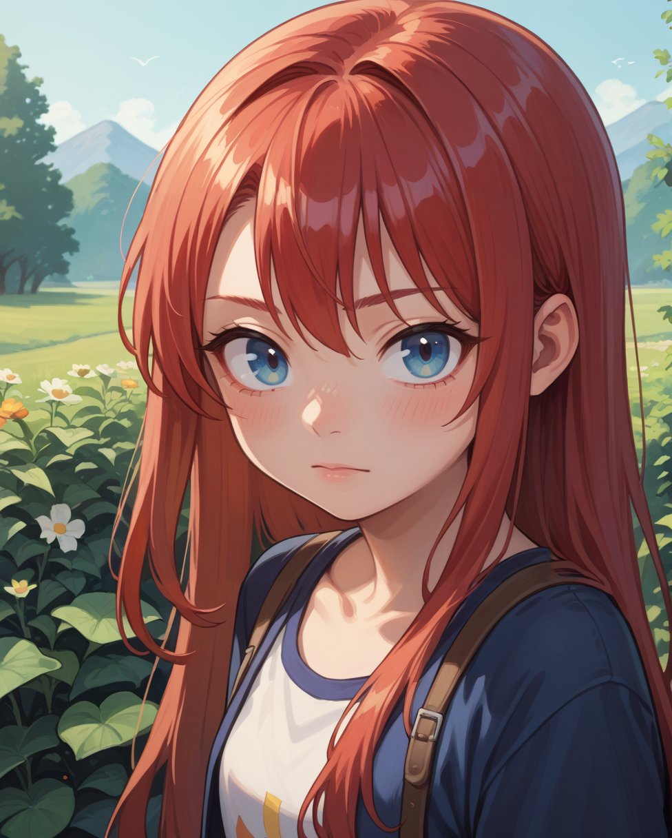 score_9, score_8_up, score_7_up, source anime, rating safe, 1girl, solo, outdoors, upper body, looking at viewer, very long hair, red hair, blue eyes, face shot,