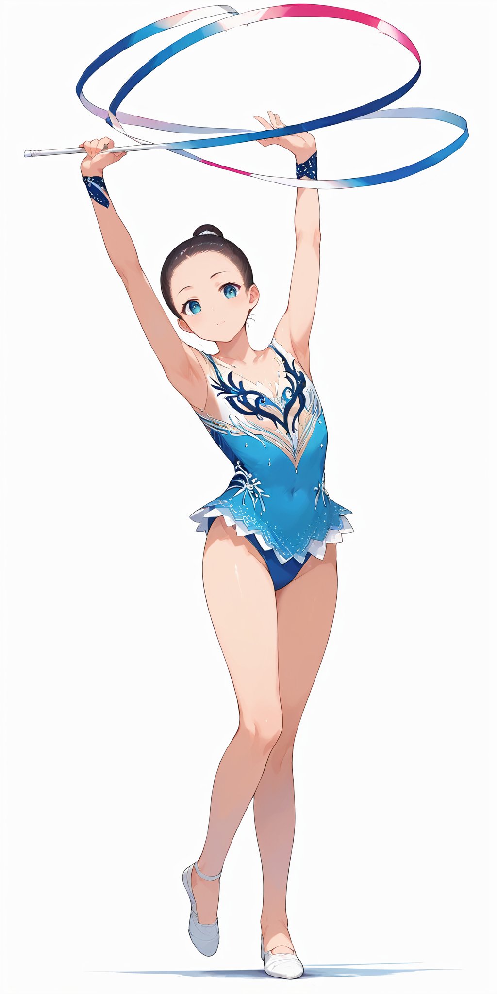 score_9, score_8_up, score_7_up,source_anime, high res image,masterpiece,best quality,girl,cute face,clear skin,shiny hair,ultra detailed eyes,simple background,  <lora:Rhythmic gymnastics_pony_V1.0:1> rhythmic gymnastics,ribbon,leotard