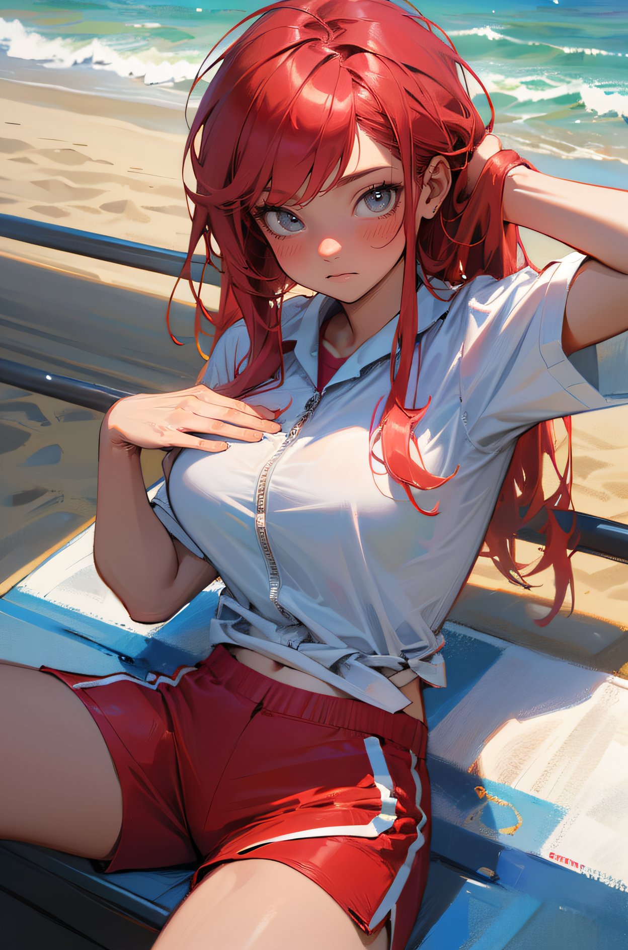 an upper body portrait of a girl as a lifeguard, sitting in the sun, sand, (white shirt), red shorts, (masterpiece, best quality, hires, high quality, by professional artist, ultra detailed, extremely detailed, absurdres, incredibly resolution:1.2), good hands, perfect hands, <lora:GoodHands-beta2:1>