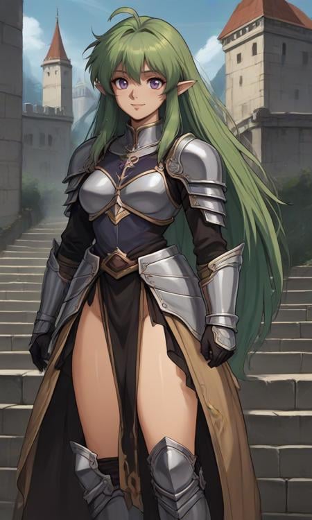 score_9, score_8_up, score_7_up, score_6_up, score_5_up, score_4_up, source_anime, BREAK, 1girl, green hair, long hair,  purple eyes, pointy ears, smile,  castle, armor, <lora:PonyOldSchoolV2-08:1> 