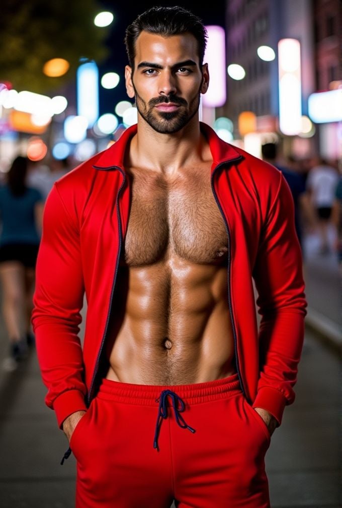 Nyle Dimarco ,  realistic photo in a worn ((skin-revealing skimpy erotic red tracksuit,  massive pecs)) by HottiesnHotties...