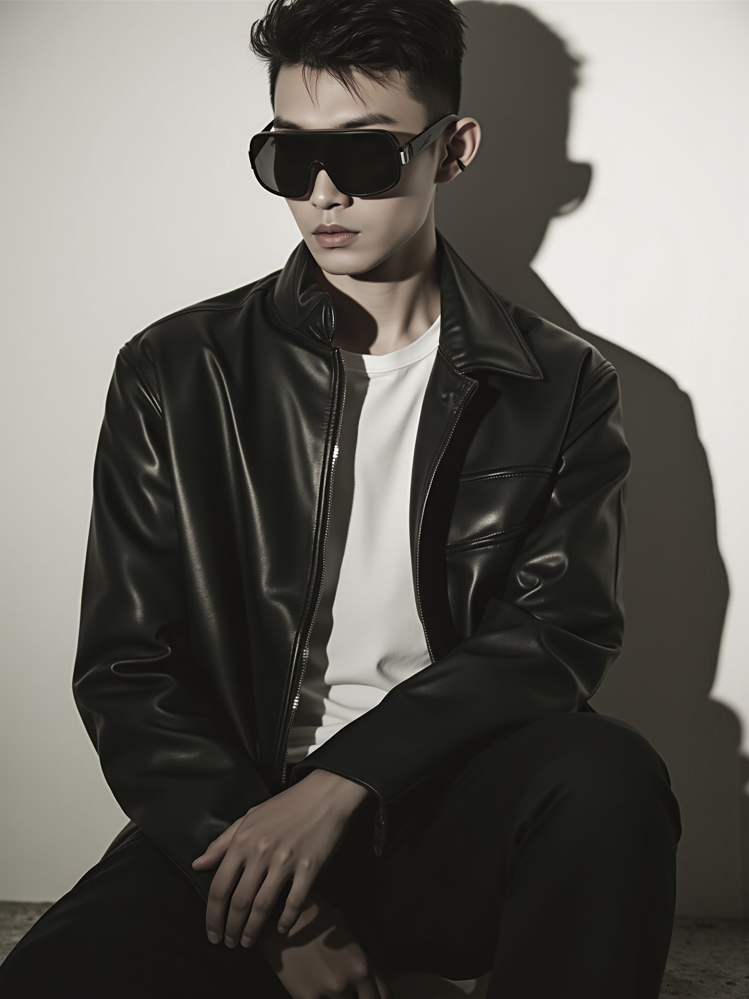 tianhai boy, photograph, young man with short hair, wearing a black leather jacket, sunglasses covering his eyes, white t-shirt, soft lighting, serious expression, shadow cast on the wall, urban setting, minimalist fashion.<lora:光影人像v2.0:0.8>