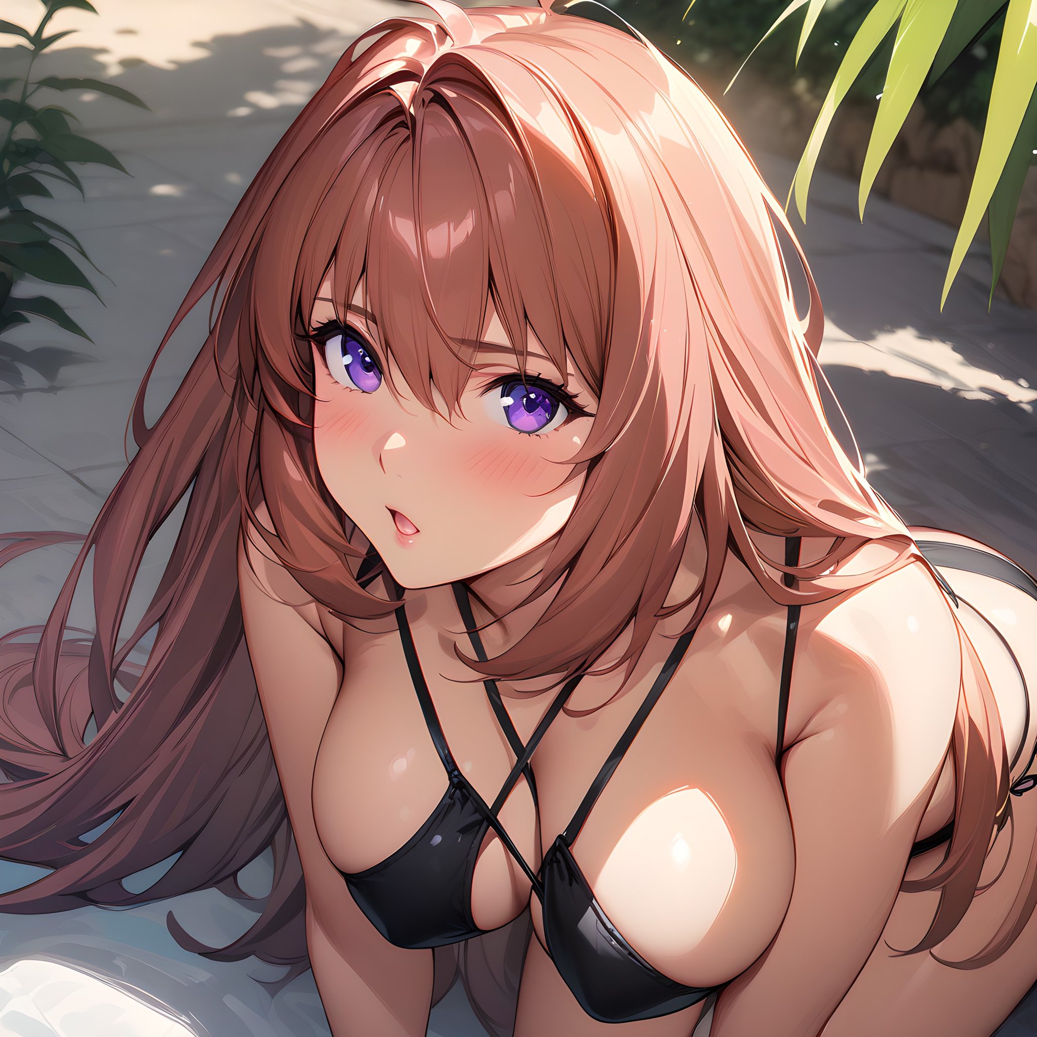 (masterpiece),(best quality),(ultra-detailed),(best illustration),(best shadow),(absurdres),(detailed background),(very aesthetic),  elhaym_van_houten, 1girl, solo, swimsuit, bikini, long hair, breasts, food, purple eyes, large breasts, cleavage, black bikini, side-tie bikini bottom, pink hair, bent over, very long hair, brown hair, <lora:Elhaym_van_Houten_-_Xenogears:1>