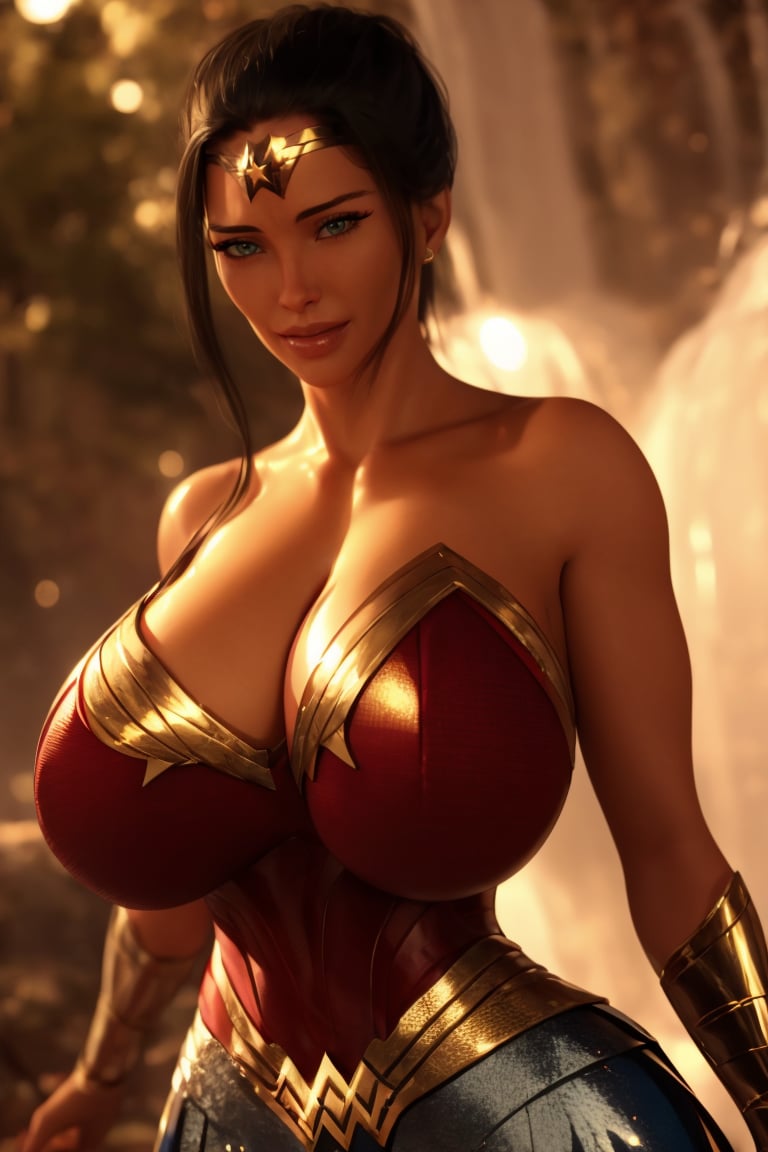 Best quality, ultra realistic 8k cg, (perfect artwork, masterpiece), (detailed background), (woods full of flower and waterfall), (moonlight night), ((wonder woman costume)), perfect face, beautiful face, ((perfect female body, sexy)), gorgeous goddess, long hair, blue eyes, glowing eyes, ((sweet smile, looking at viewer)), dynamic pose, intricate detail, delicate pattern, jewelry, gem, gold, diamond,1 girl,mamacitajman, (huge breasts),JmanWarmthMom<lora:EMS-343758-EMS:0.500000>, <lora:EMS-980-EMS:0.600000>, <lora:EMS-392627-EMS:0.800000>