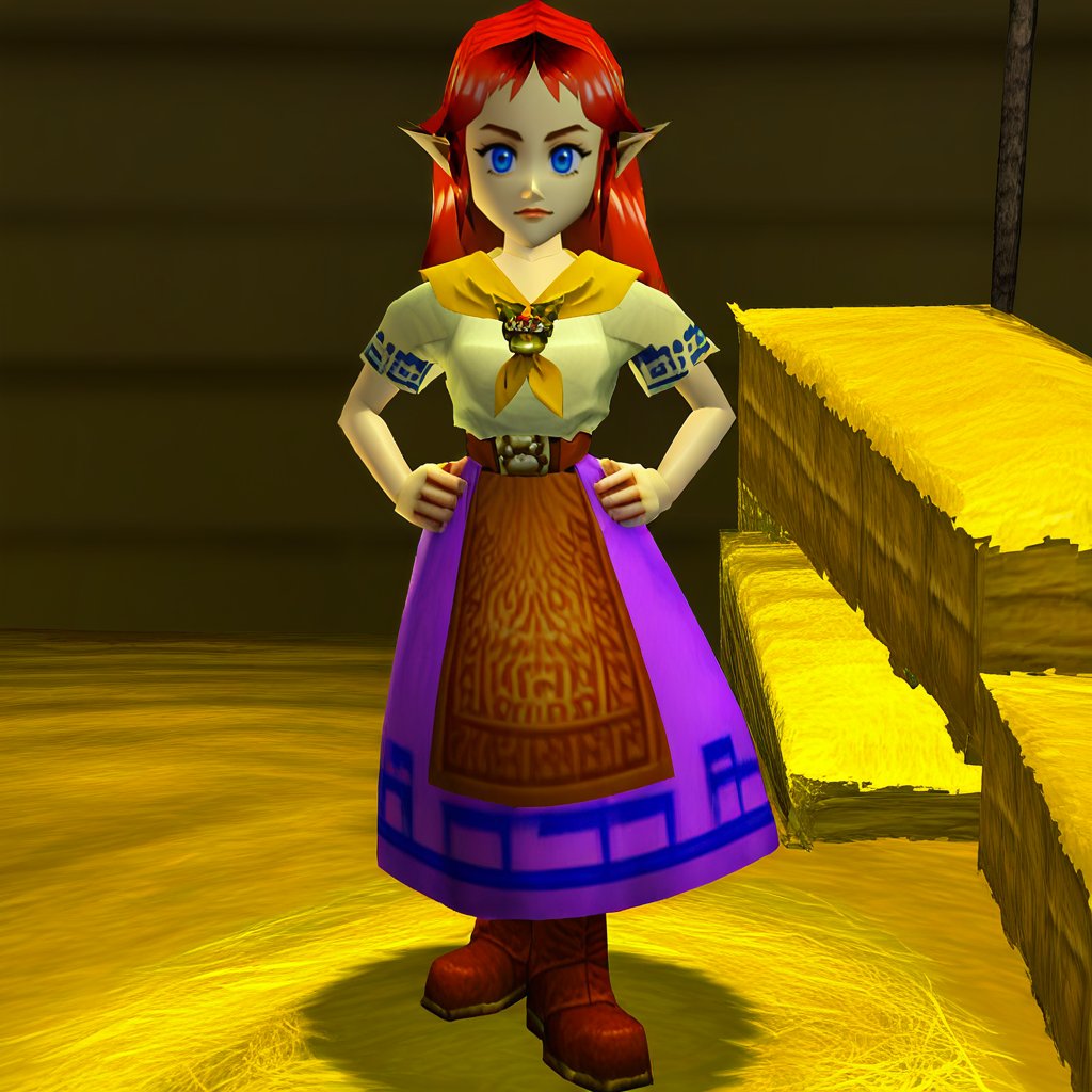 1girl,solo,ccremia,red hair,long hair,parted bangs,blue eyes,pointy ears,yellow neckerchief,brooch,plain shirt,short sleeves,blue trim,brown belt,belt buckle,brown waist apron,purple skirt,long skirt,brown boots,<lora:meh:0.7>,<lora:Ocarina64:1.2>,low poly,an animated character,indoors,barn,hay bale,standing,hands on own hips,looking at viewer,confused,<lora:StS_PonyXL_Detail_Slider_v1.4_iteration_3:1.2>,, score_9, score_8_up, score_7_up, perfect anatomy, source_anime, zPDXL2,