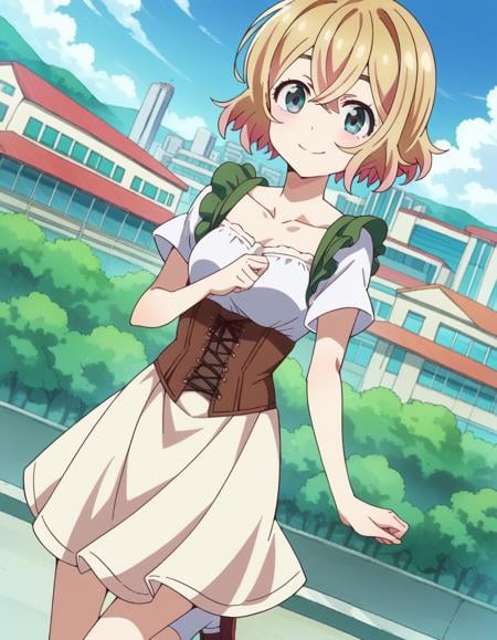 score_9, score_8_up, score_7_up, source_anime,maminanami, <lora:mami-nanami-s1-ponyxl-lora-nochekaiser:1>mami nanami, short hair, aqua eyes, blonde hair, hair between eyes,skirt, shirt, collarbone, white shirt, short sleeves, frills, shoes, socks, white socks, corset,outdoors, cityscape, smile,looking at viewer, dutch angle, cowboy shot