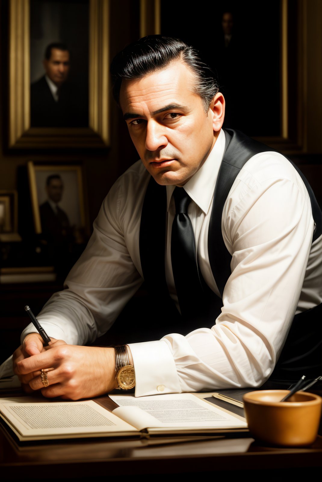 beautiful oil matte portrait painting, mafia boss at his 50s new york office desk, wonderful masterpiece highly detailed, beautiful cinematic light deep focus, elegant, digital painting, smooth, sharp focus, golden ratio, dramatic illumination, ultra realistic, 8k, art by jimmy law <lora:add_detail:1>